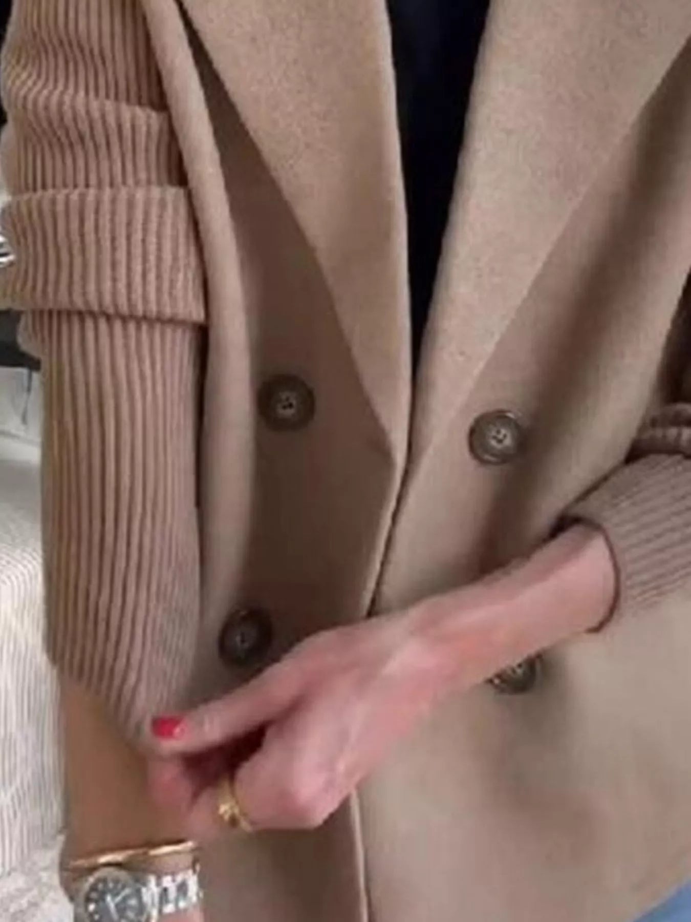 Full Size Knitted Sleeve Wool Blend Double - Breasted Blazer Plus Size - Flip Flop Dynasty