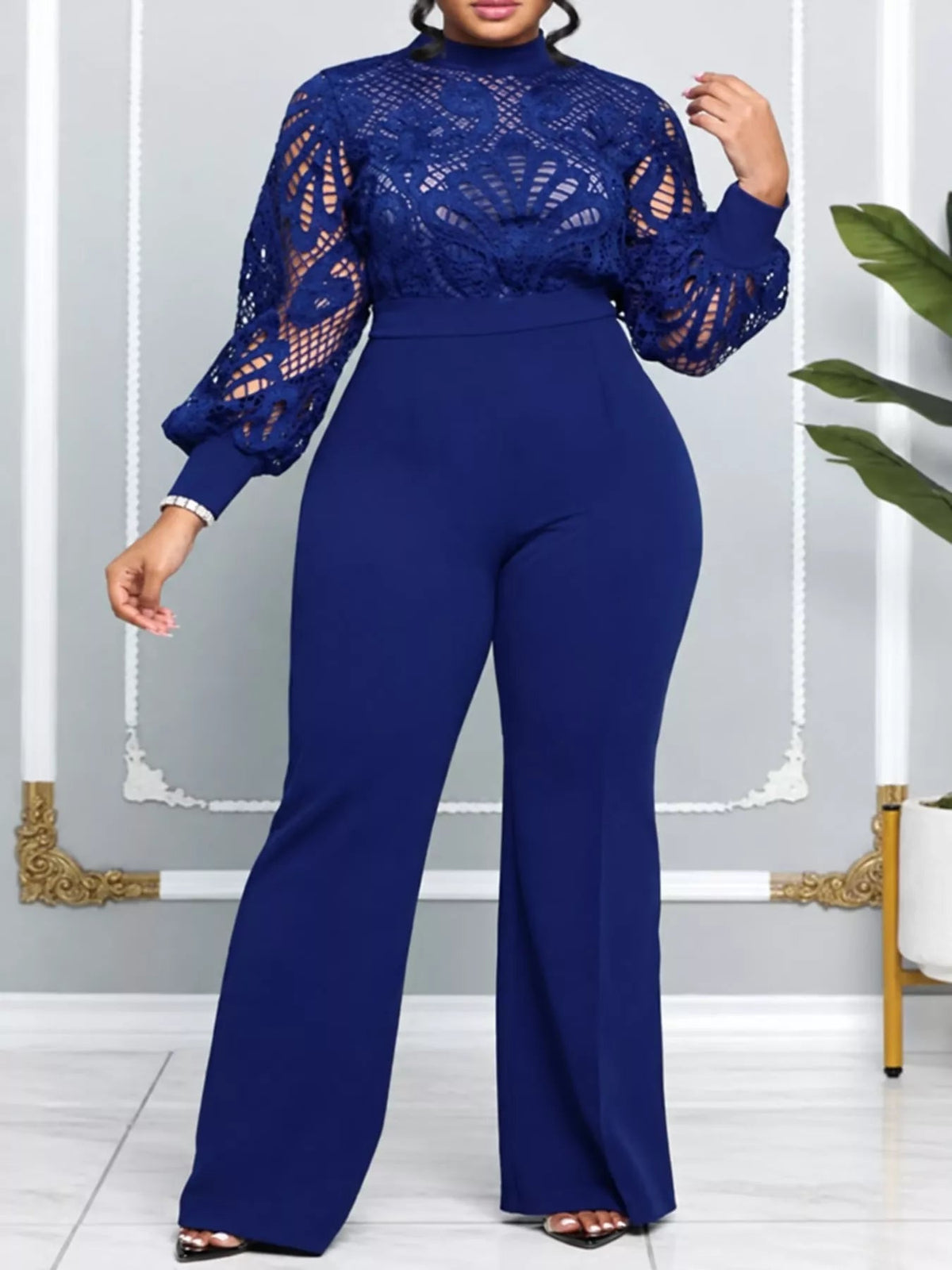 Full Size Lace Lantern Sleeve Flare Jumpsuit Plus Size - Flip Flop Dynasty