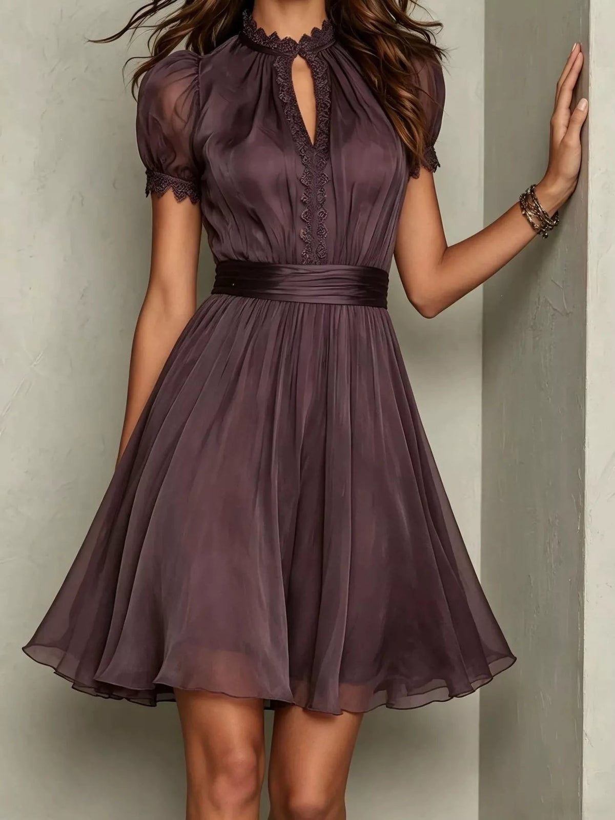 Full Size Lace Trim Puff Sleeve A-Line Dress Plus Size - Flip Flop Dynasty