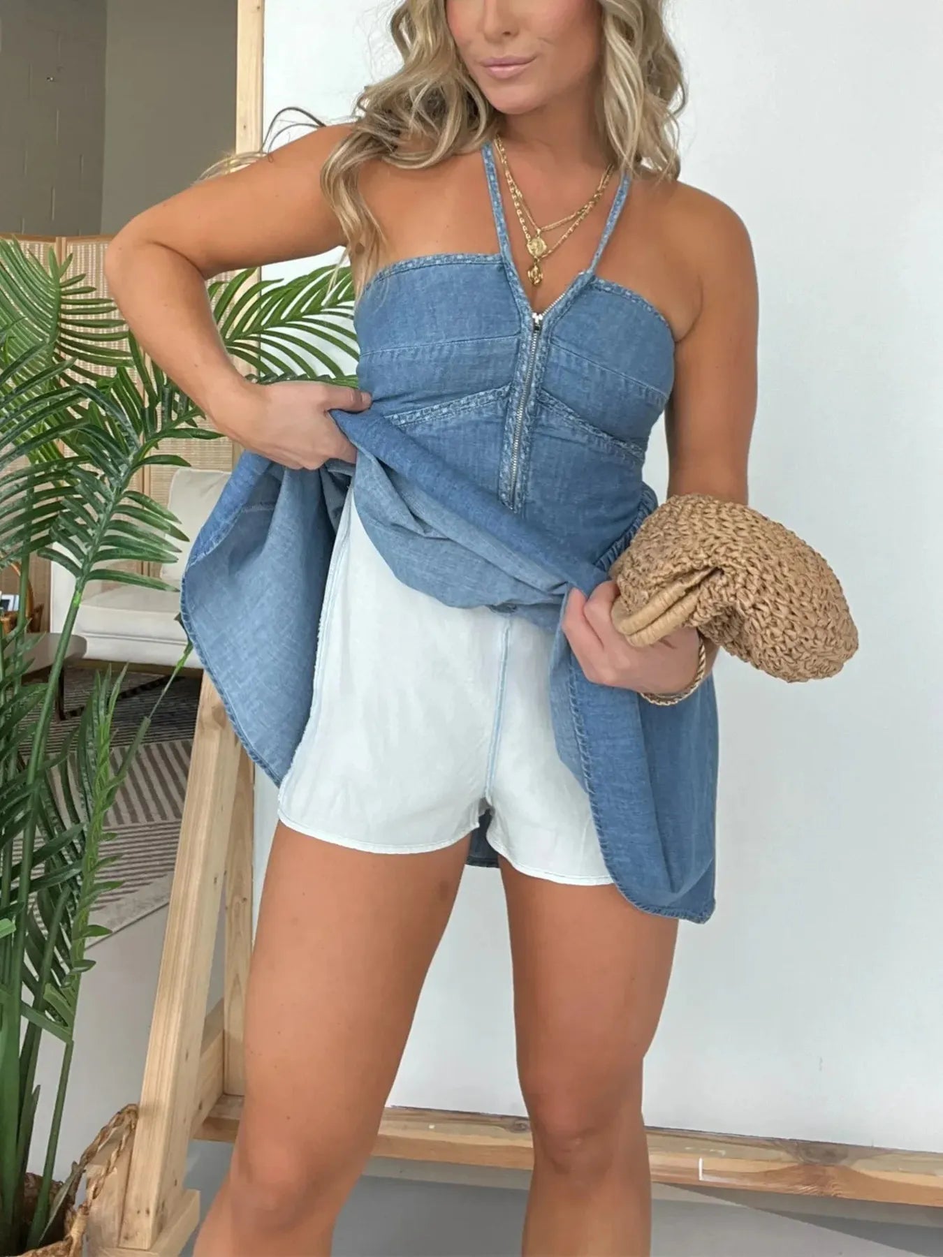 Full Size Lace Up Halter Neck Denim Dress Plus Size - Flip Flop Dynasty