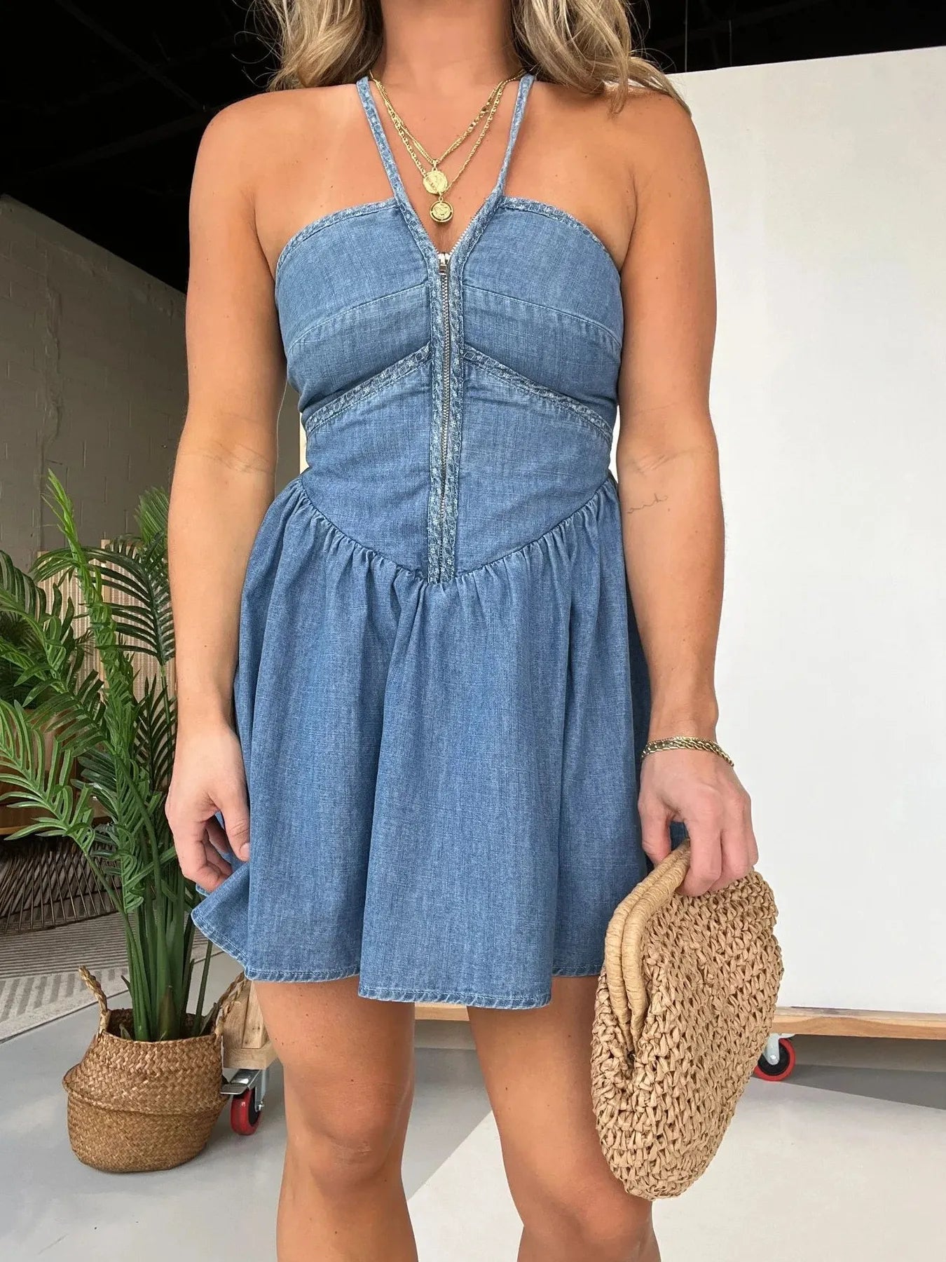 Full Size Lace Up Halter Neck Denim Dress Plus Size - Flip Flop Dynasty