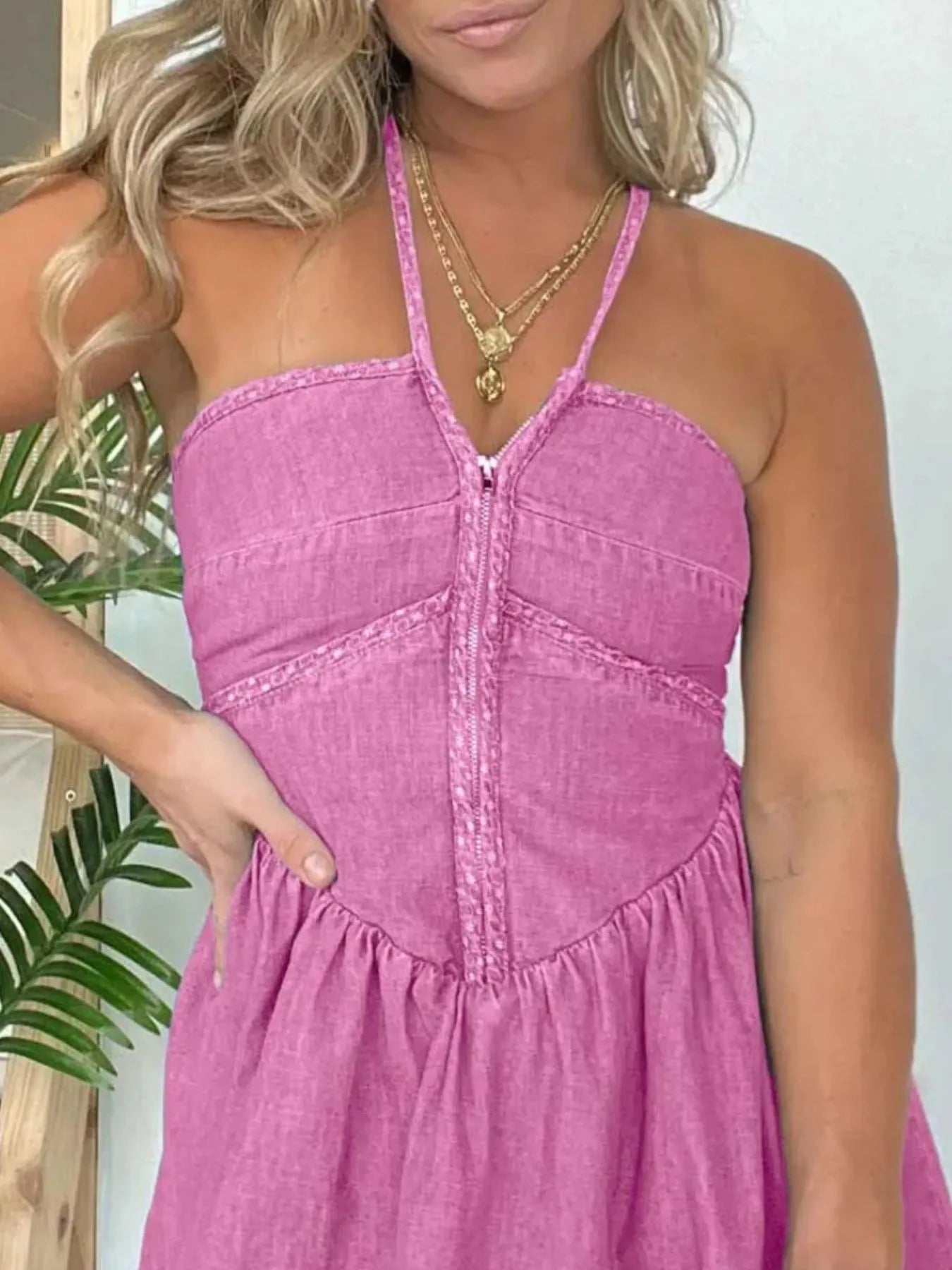 Full Size Lace Up Halter Neck Denim Dress Plus Size - Flip Flop Dynasty