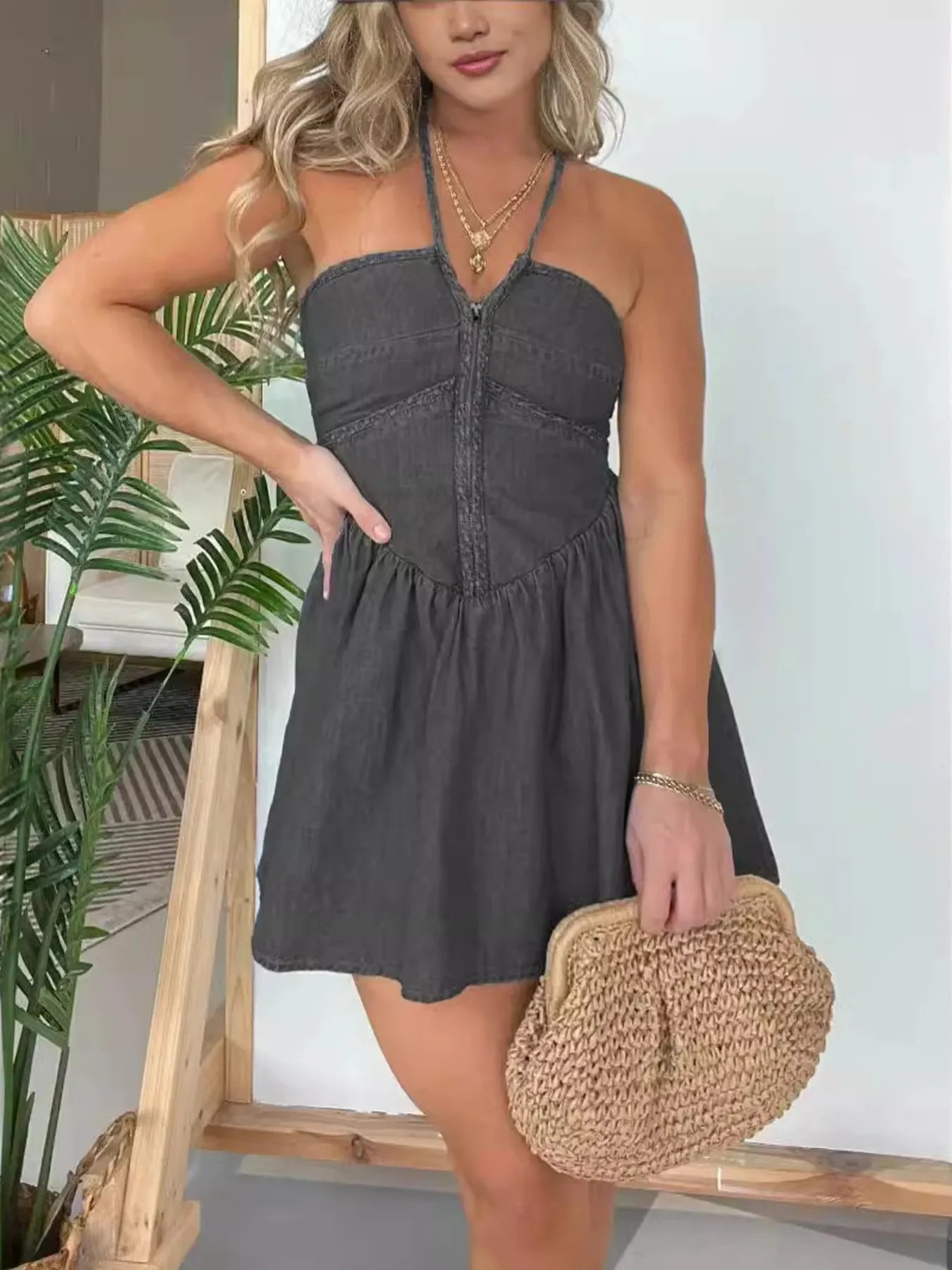 Full Size Lace Up Halter Neck Denim Dress Plus Size - Flip Flop Dynasty