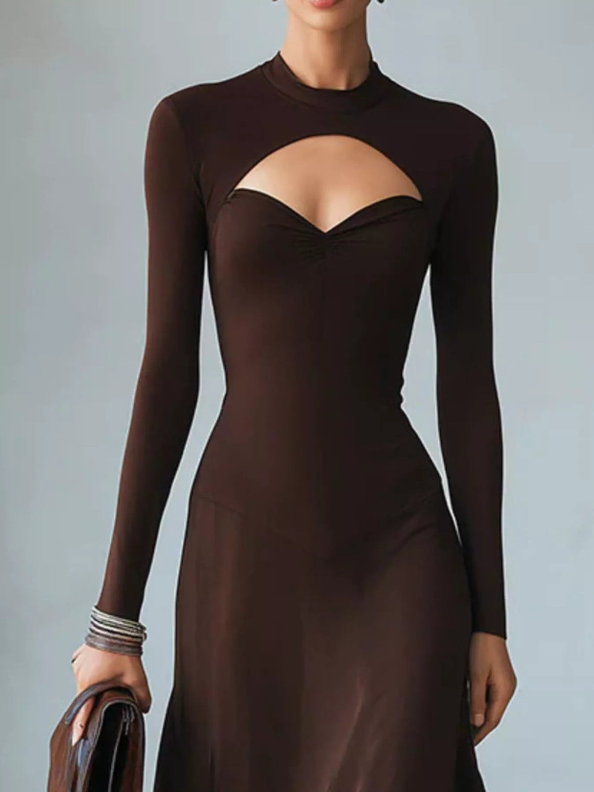 Full Size Mock Neck Cut-Out Long Sleeve Midi Dress Plus Size - Flip Flop Dynasty