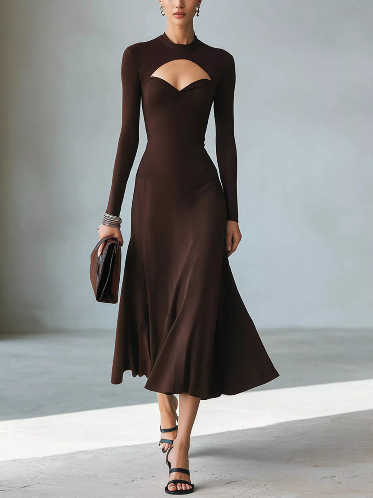 Full Size Mock Neck Cut-Out Long Sleeve Midi Dress Plus Size - Flip Flop Dynasty