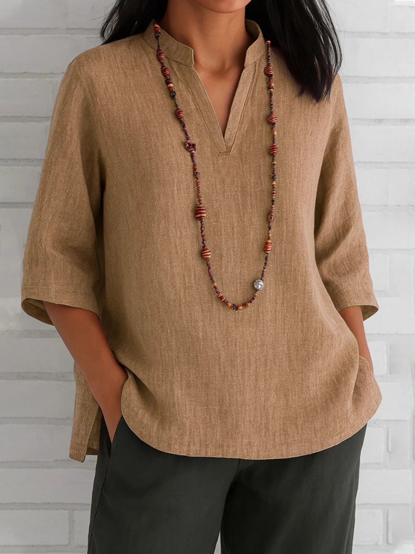 Full Size Notched Three - Quarter Sleeves Blouse Plus Size - Flip Flop Dynasty