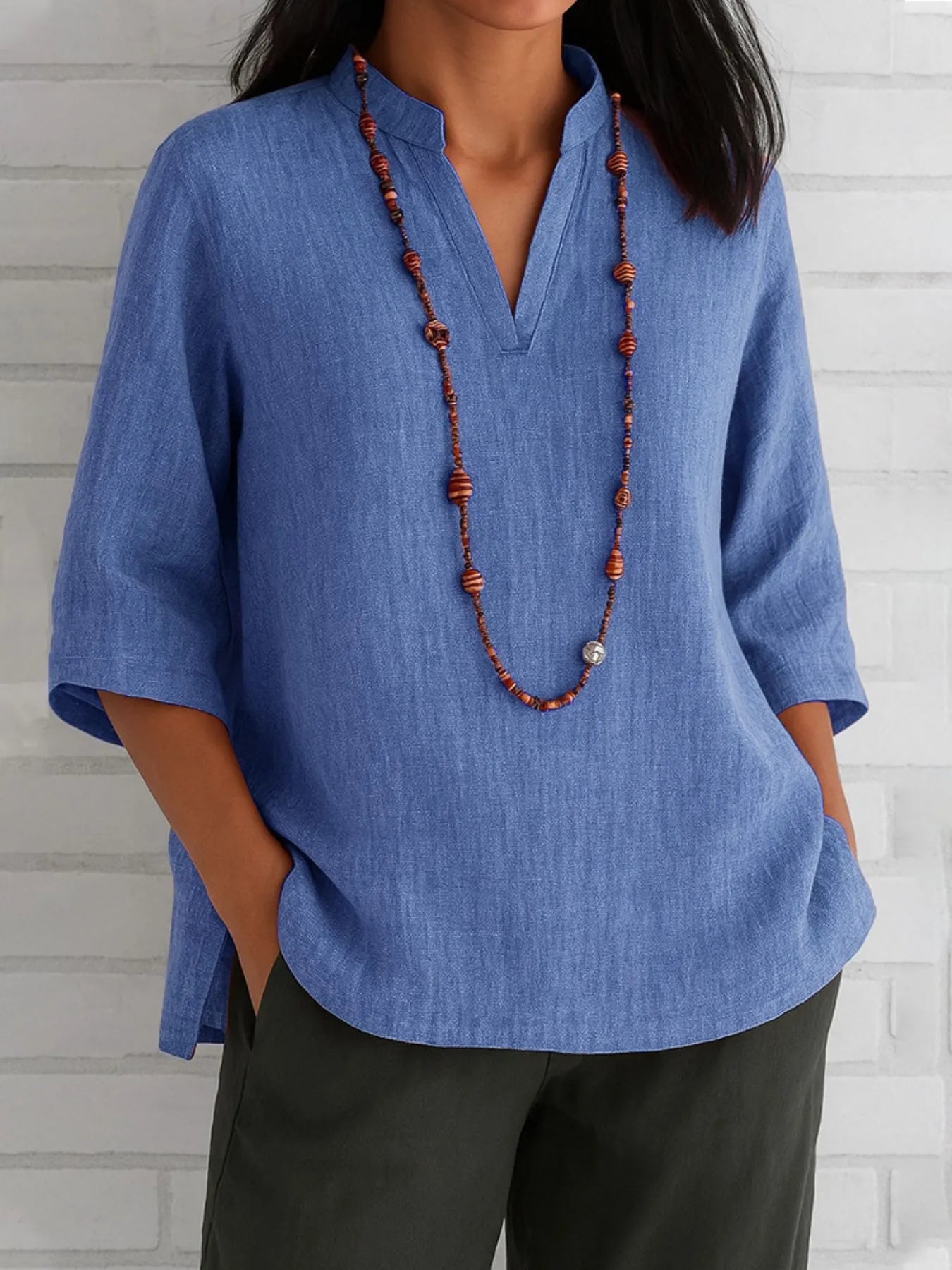 Full Size Notched Three - Quarter Sleeves Blouse Plus Size - Flip Flop Dynasty