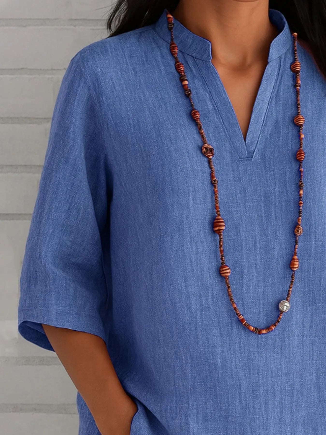 Full Size Notched Three - Quarter Sleeves Blouse Plus Size - Flip Flop Dynasty