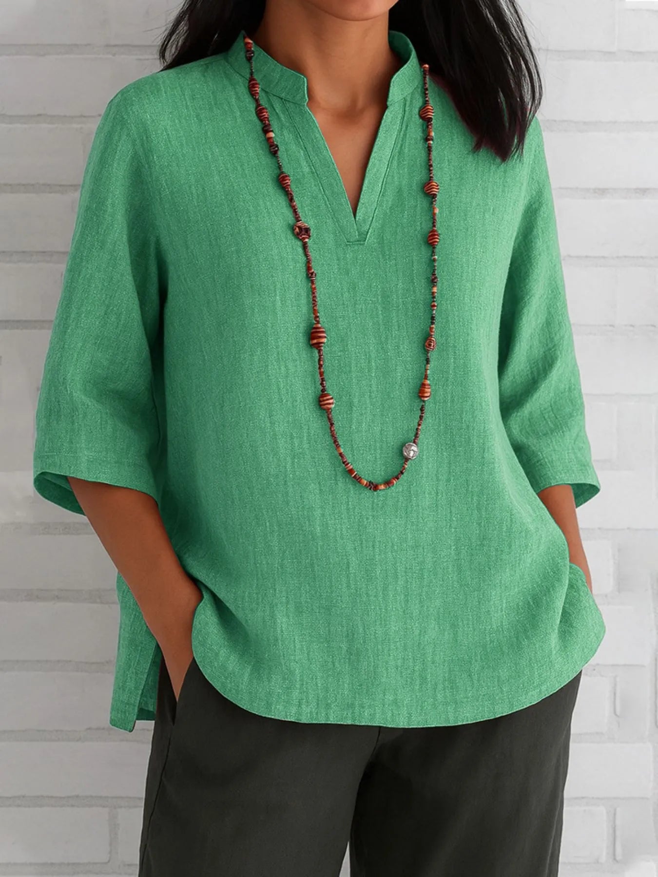 Full Size Notched Three - Quarter Sleeves Blouse Plus Size - Flip Flop Dynasty