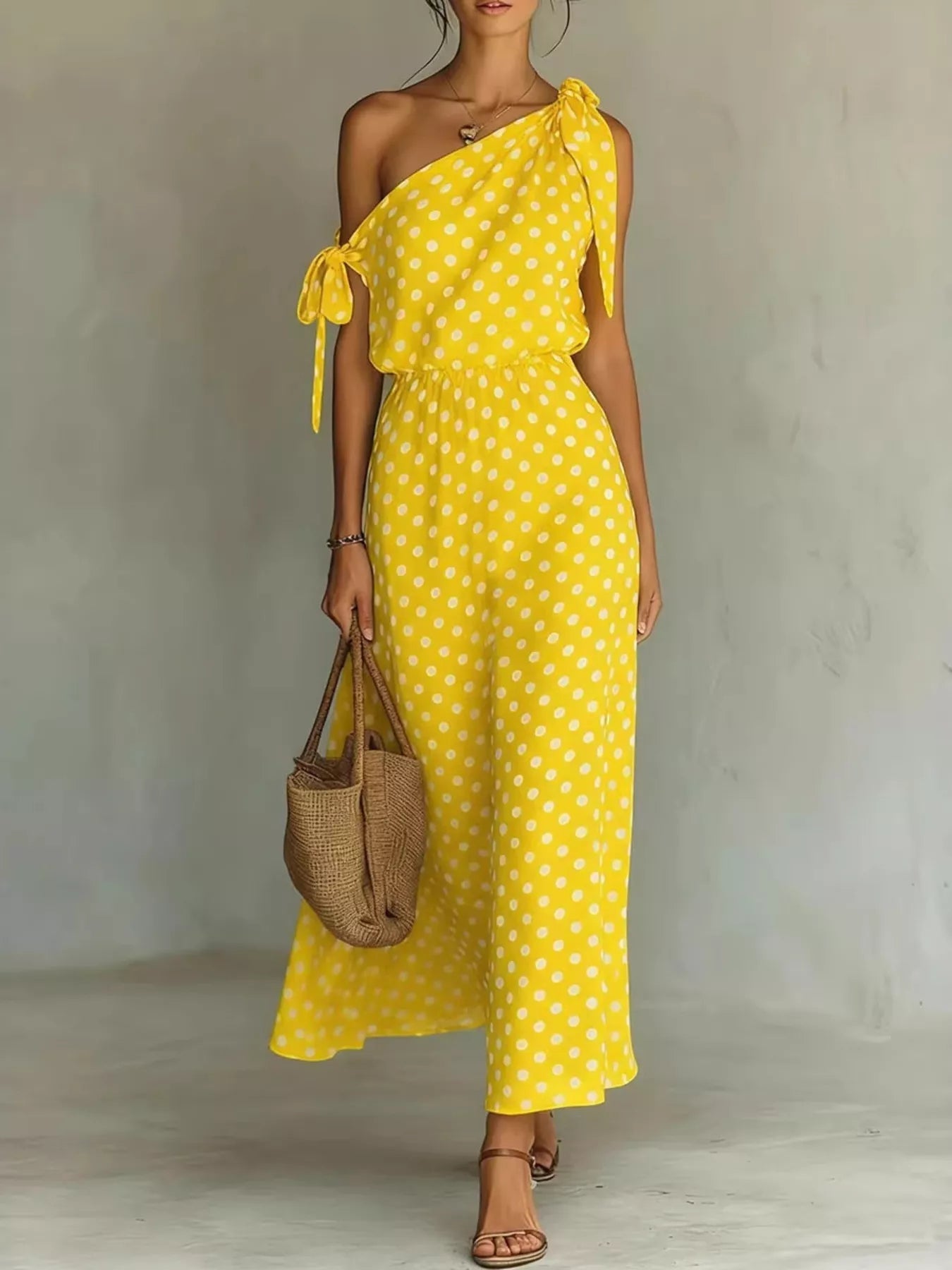 Full Size Polka Dot One - Shoulder Maxi Dress Plus Size - Flip Flop Dynasty