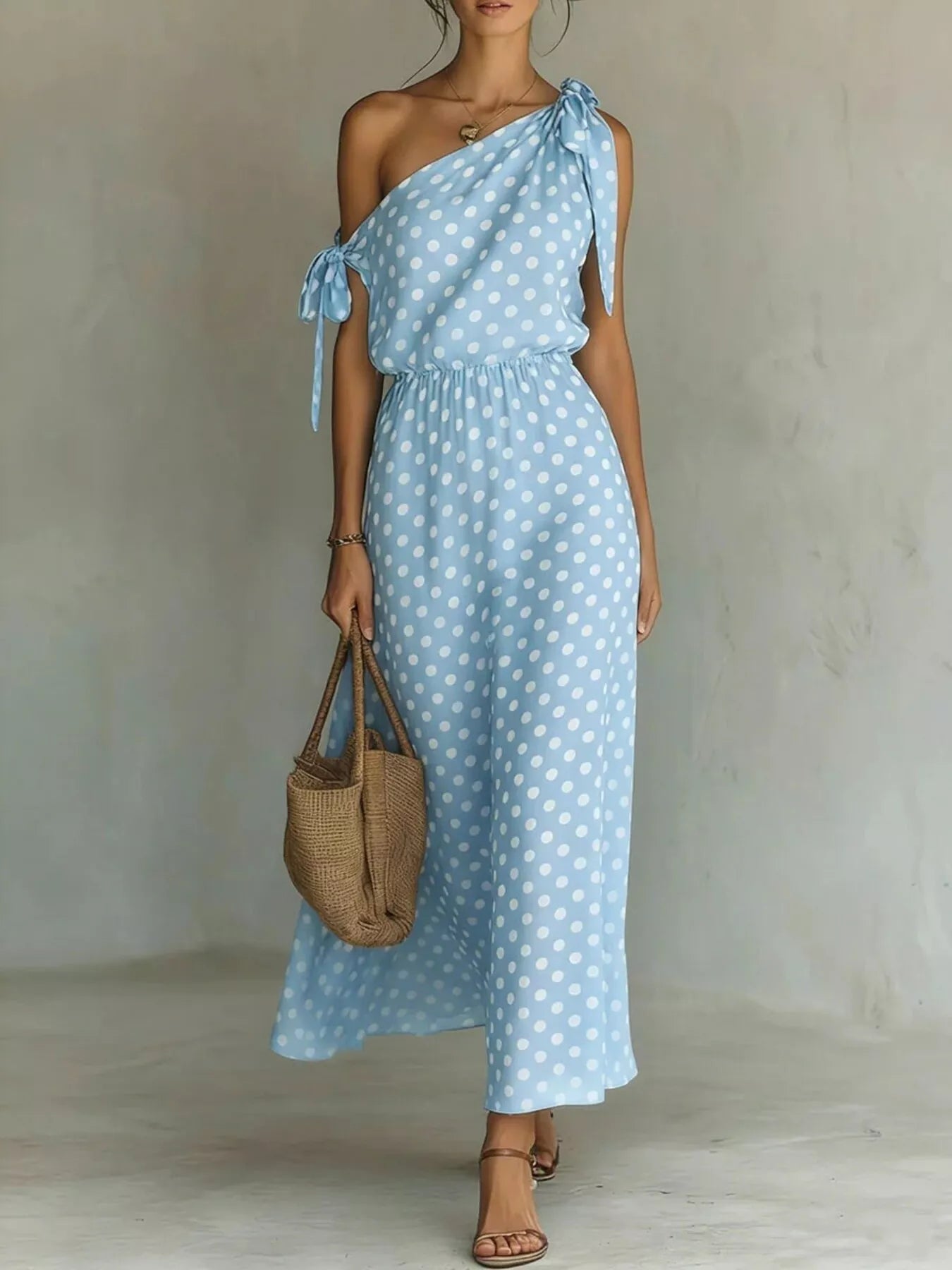 Full Size Polka Dot One - Shoulder Maxi Dress Plus Size - Flip Flop Dynasty