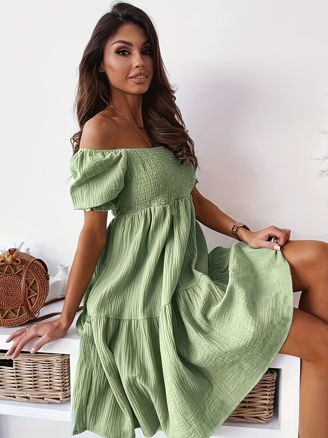 Full Size Ruffled Off - Shoulder Short Sleeve Dress - Flip Flop Dynasty