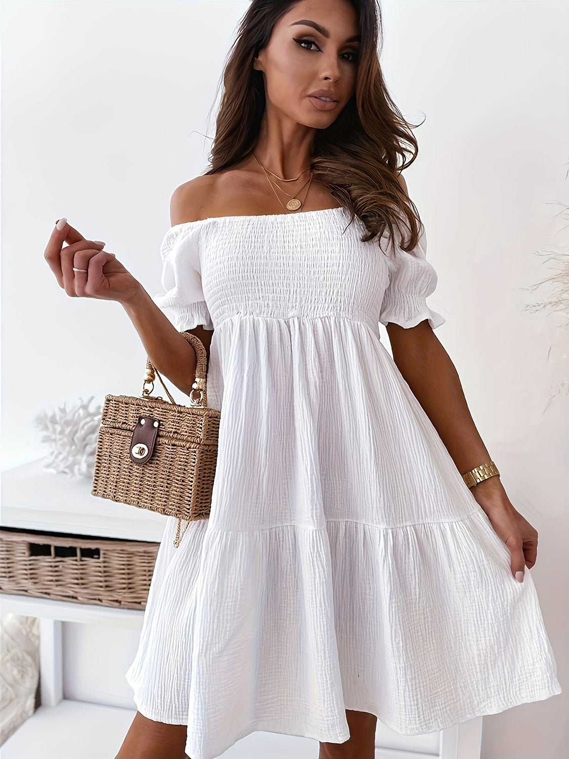 Full Size Ruffled Off - Shoulder Short Sleeve Dress - Flip Flop Dynasty