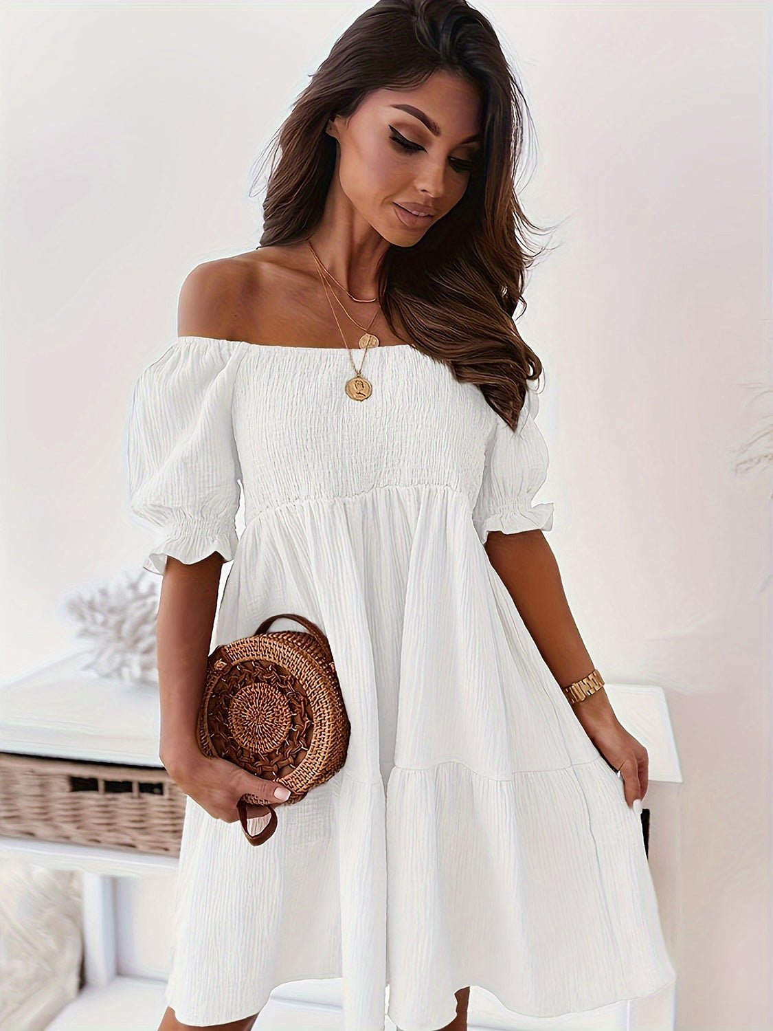 Full Size Ruffled Off - Shoulder Short Sleeve Dress - Flip Flop Dynasty