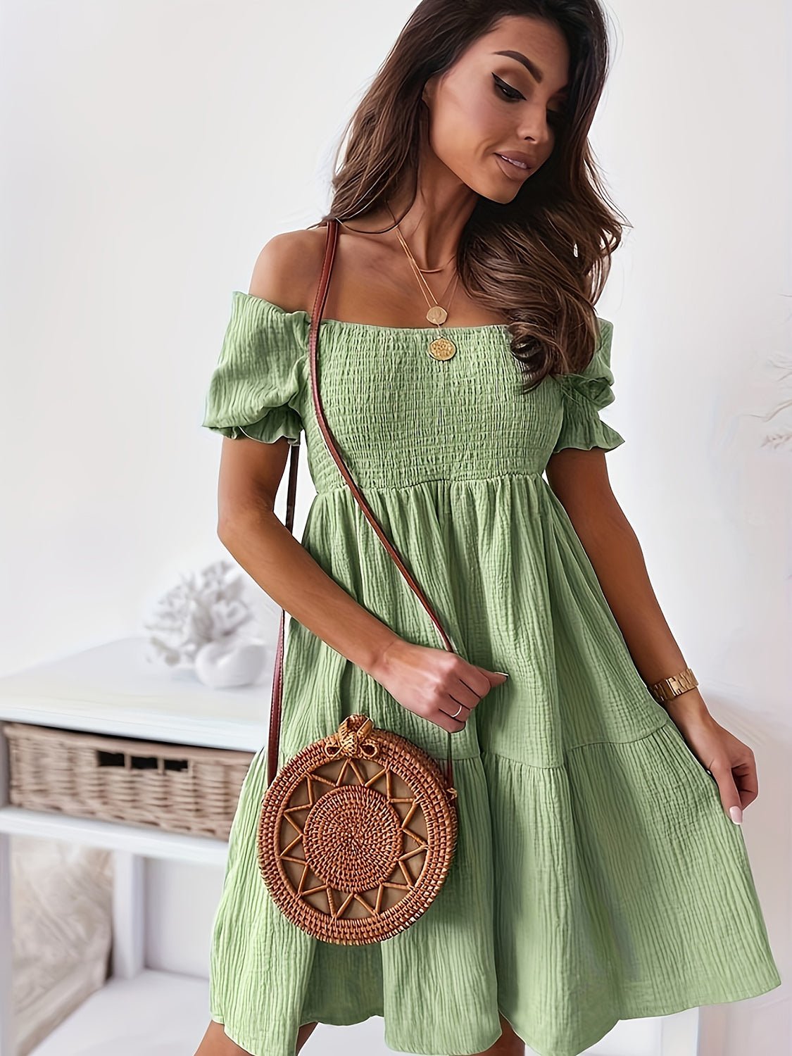 Full Size Ruffled Off - Shoulder Short Sleeve Dress - Flip Flop Dynasty