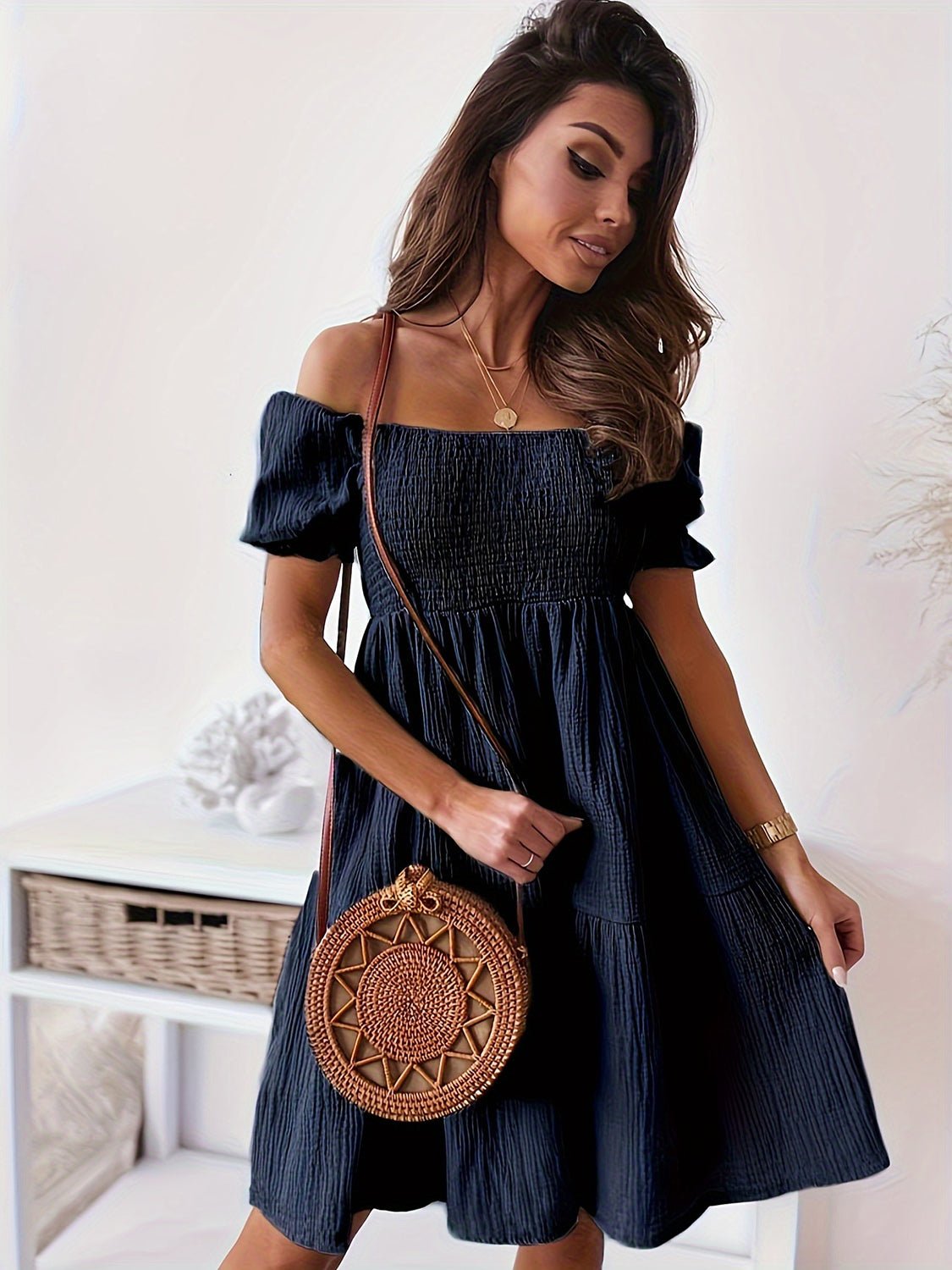 Full Size Ruffled Off - Shoulder Short Sleeve Dress - Flip Flop Dynasty