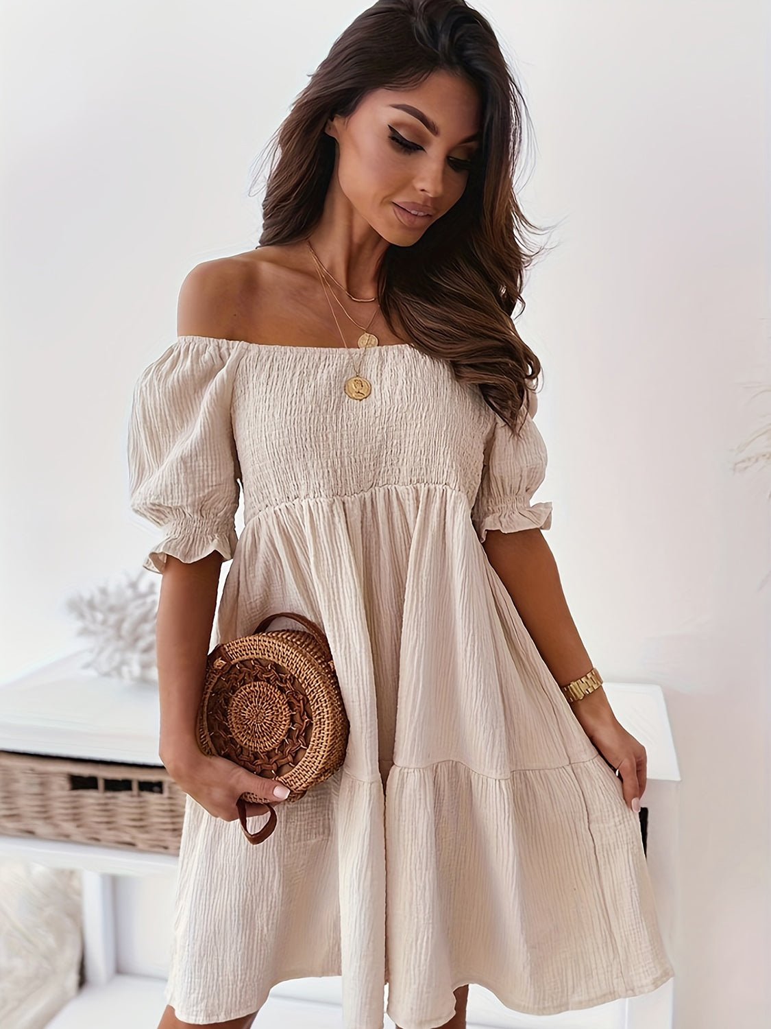Full Size Ruffled Off - Shoulder Short Sleeve Dress - Flip Flop Dynasty