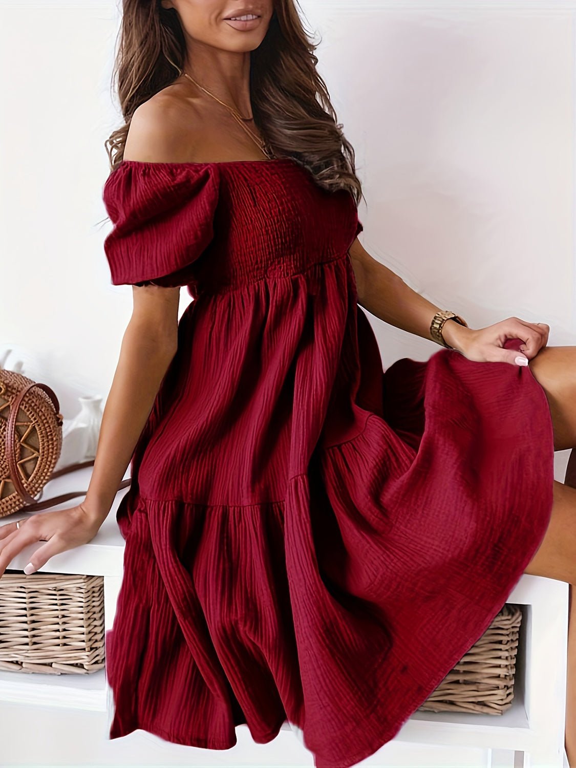 Full Size Ruffled Off - Shoulder Short Sleeve Dress - Flip Flop Dynasty