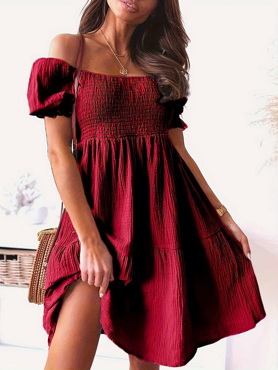 Full Size Ruffled Off - Shoulder Short Sleeve Dress - Flip Flop Dynasty