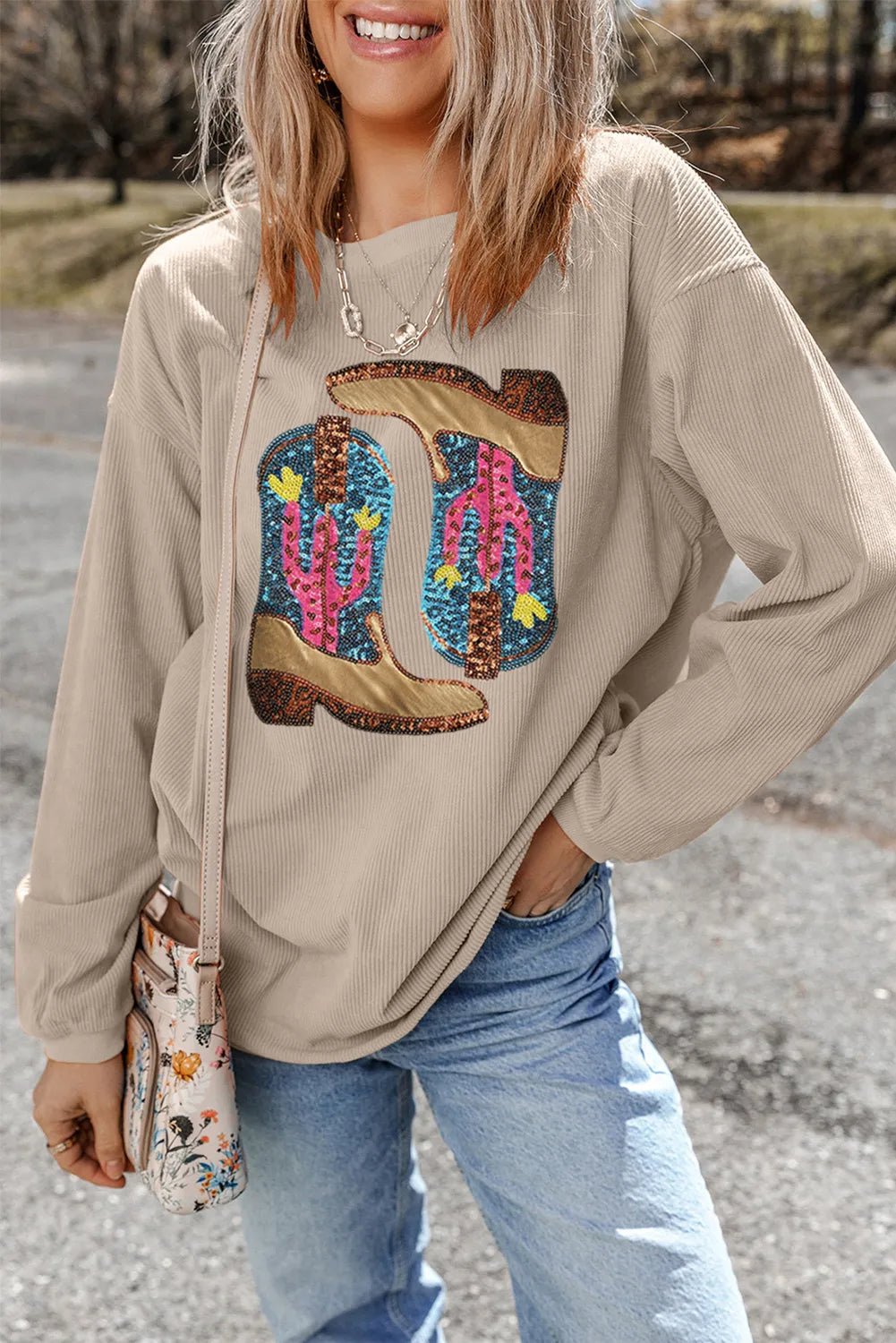 Full Size Sequin Boots Round Neck Long Sleeve Sweatshirt - Flip Flop Dynasty