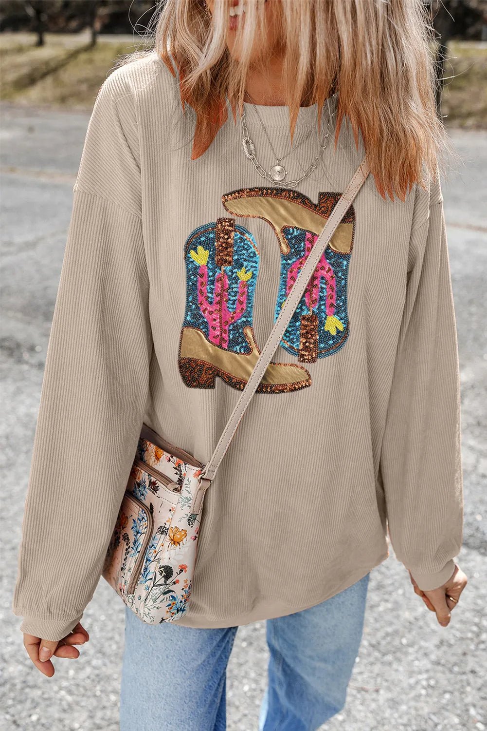 Full Size Sequin Boots Round Neck Long Sleeve Sweatshirt - Flip Flop Dynasty