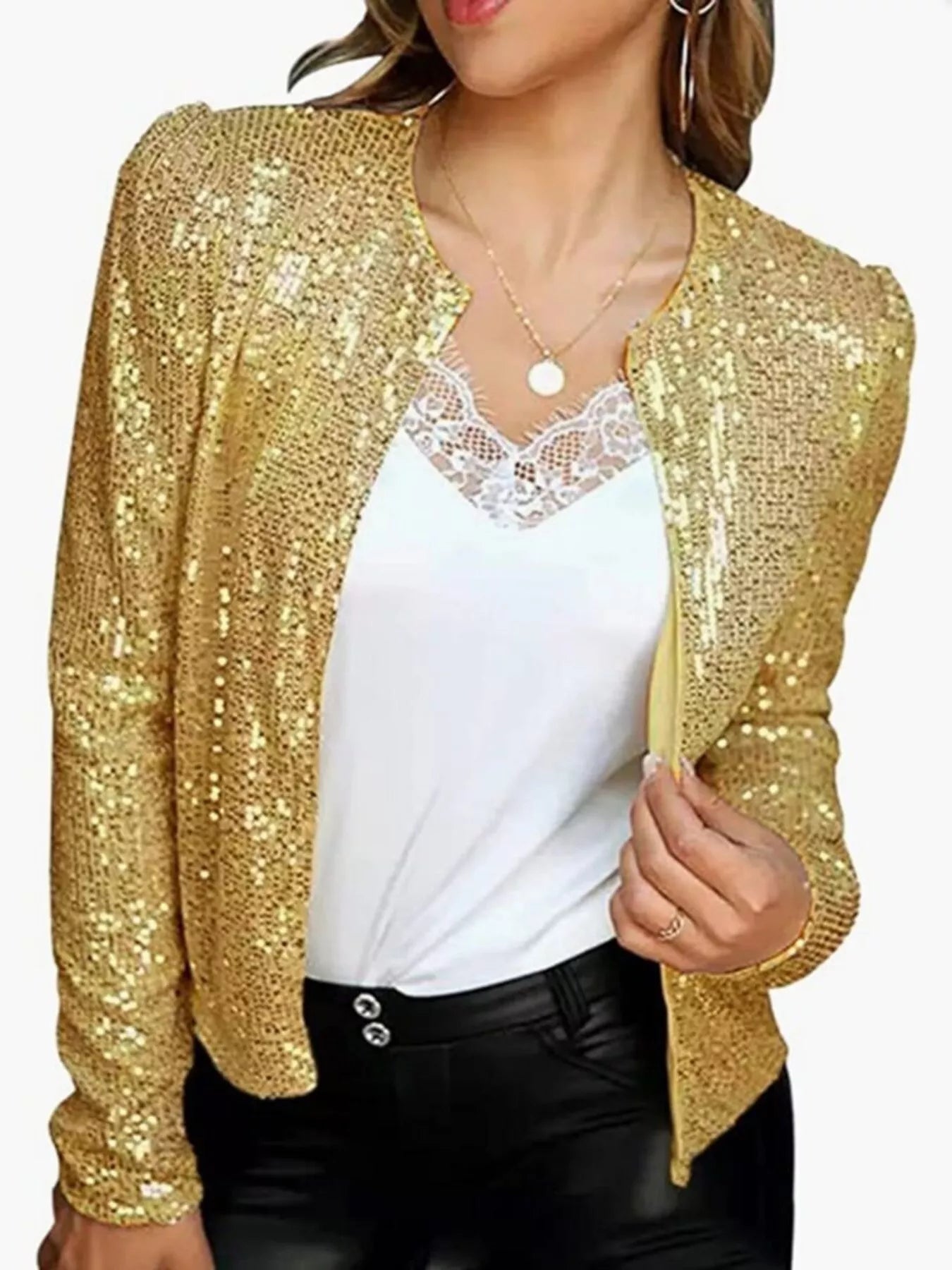 Full Size Sequin Long Sleeve Jacket Plus Size - Flip Flop Dynasty