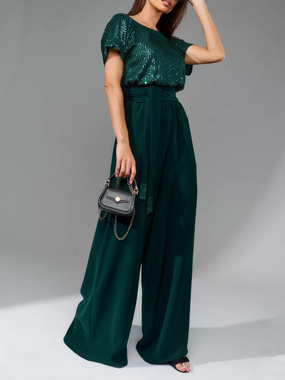Full Size Sequin Round Neck Short Sleeve Wide Leg Jumpsuit - Flip Flop Dynasty
