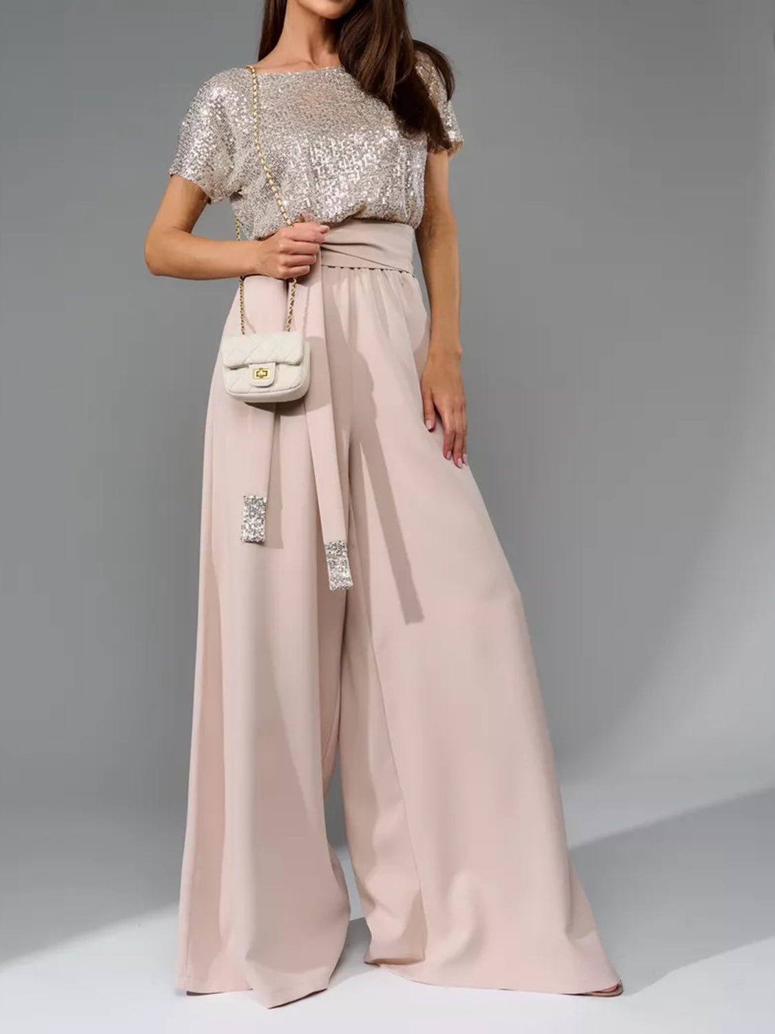 Full Size Sequin Round Neck Short Sleeve Wide Leg Jumpsuit - Flip Flop Dynasty