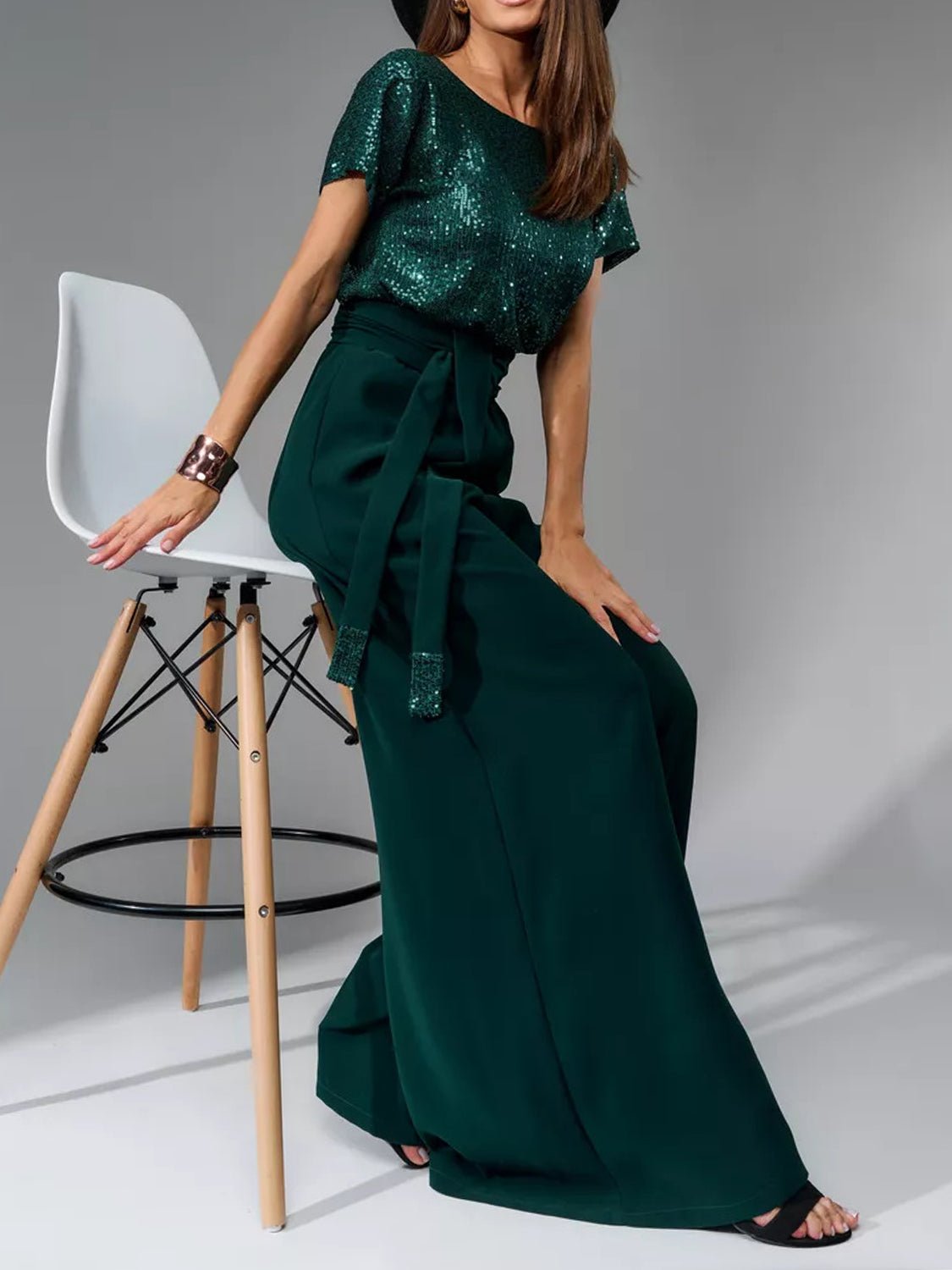 Full Size Sequin Round Neck Short Sleeve Wide Leg Jumpsuit - Flip Flop Dynasty