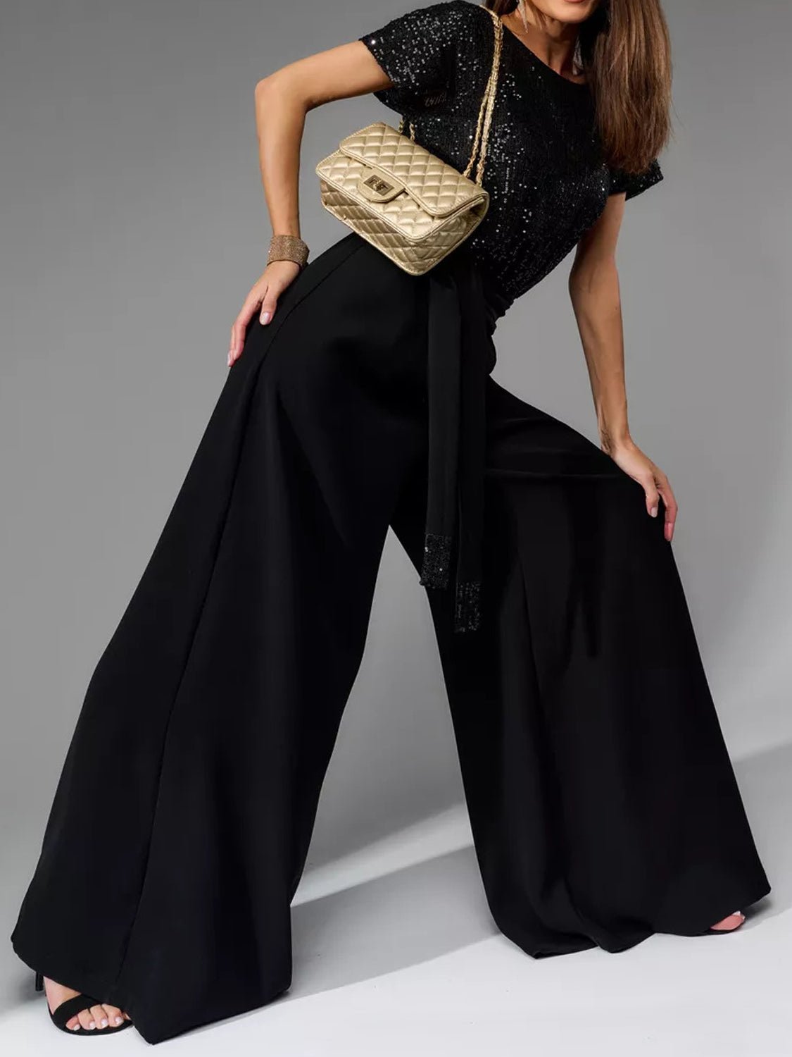 Full Size Sequin Round Neck Short Sleeve Wide Leg Jumpsuit - Flip Flop Dynasty