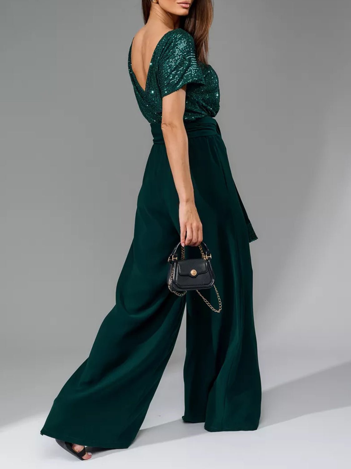 Full Size Sequin Round Neck Short Sleeve Wide Leg Jumpsuit - Flip Flop Dynasty