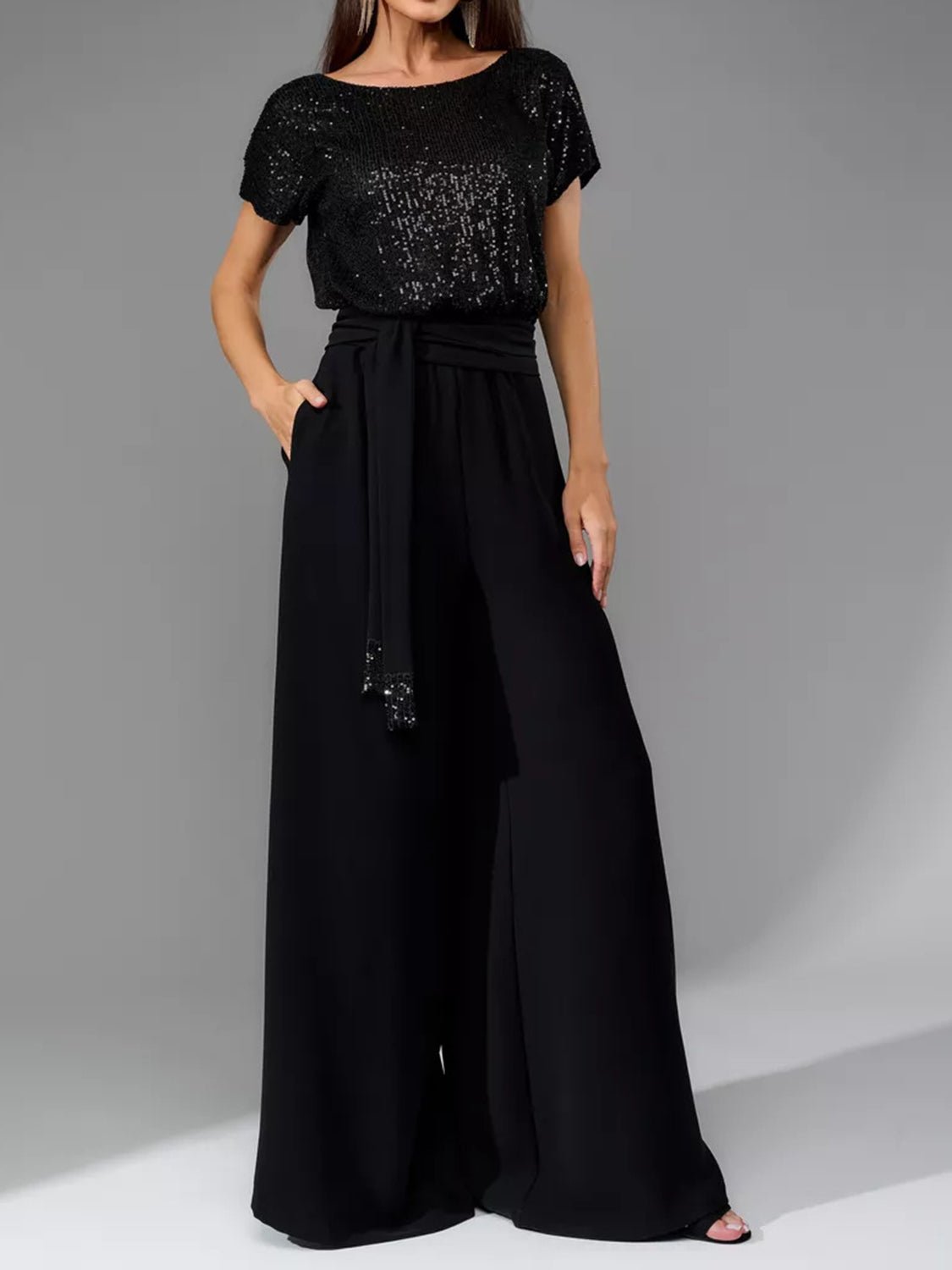 Full Size Sequin Round Neck Short Sleeve Wide Leg Jumpsuit - Flip Flop Dynasty