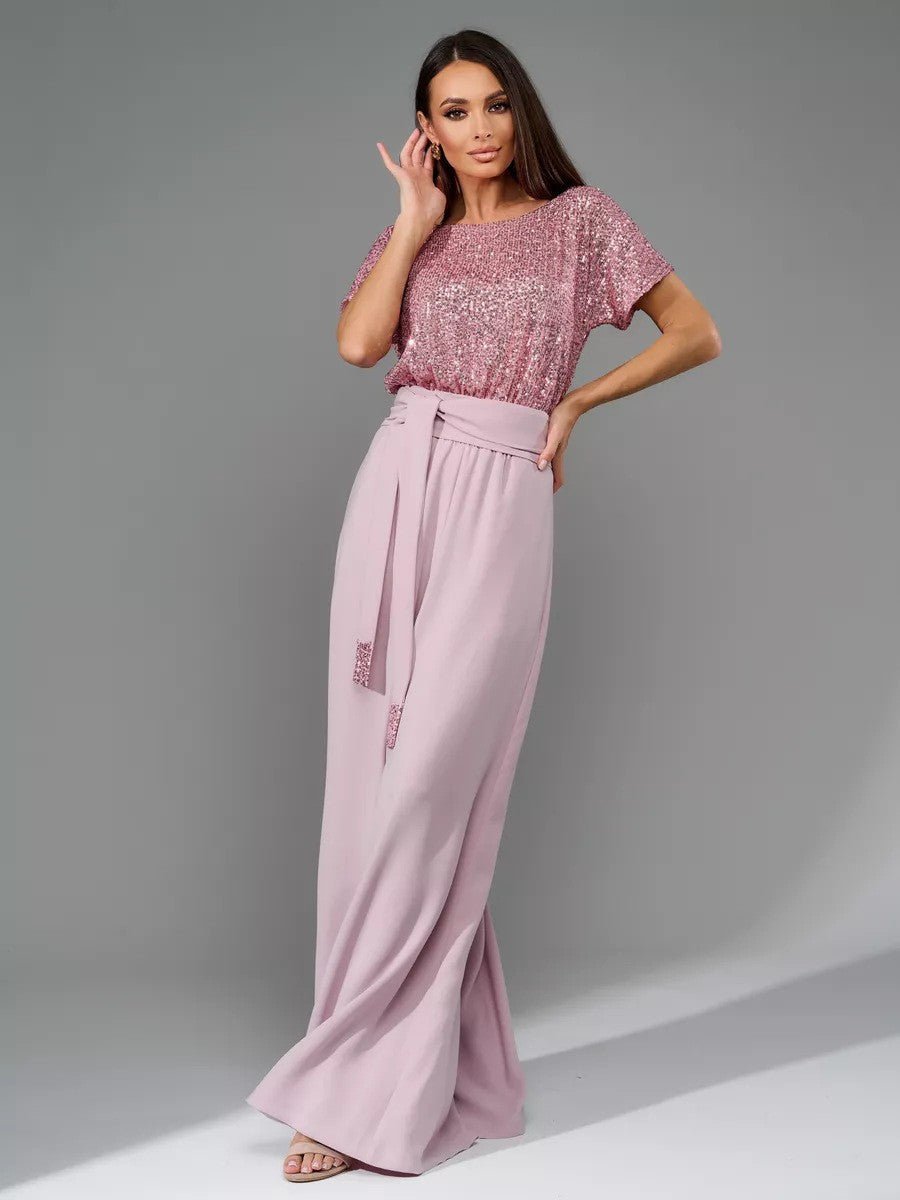 Full Size Sequin Round Neck Short Sleeve Wide Leg Jumpsuit - Flip Flop Dynasty