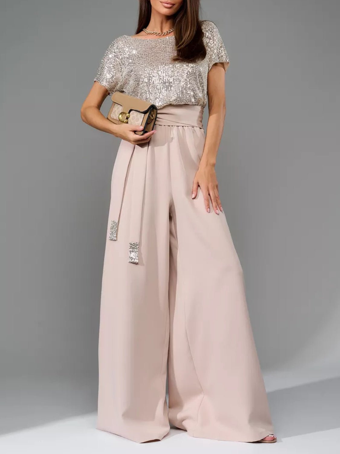 Full Size Sequin Round Neck Short Sleeve Wide Leg Jumpsuit - Flip Flop Dynasty