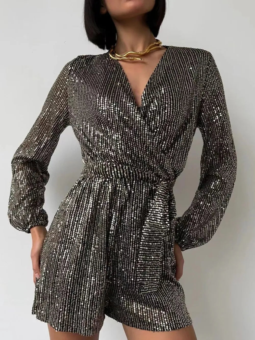 Full Size Sequin Surplice Tie Waist Long Sleeve Romper - Flip Flop Dynasty