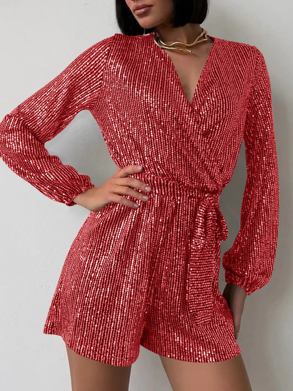 Full Size Sequin Surplice Tie Waist Long Sleeve Romper - Flip Flop Dynasty
