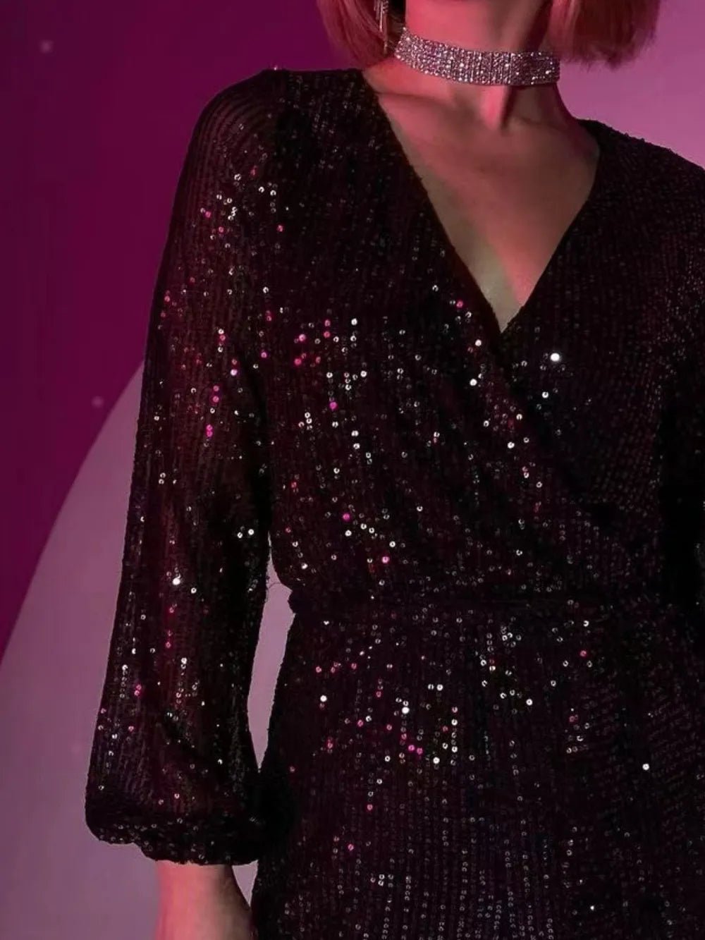 Full Size Sequin Surplice Tie Waist Long Sleeve Romper - Flip Flop Dynasty