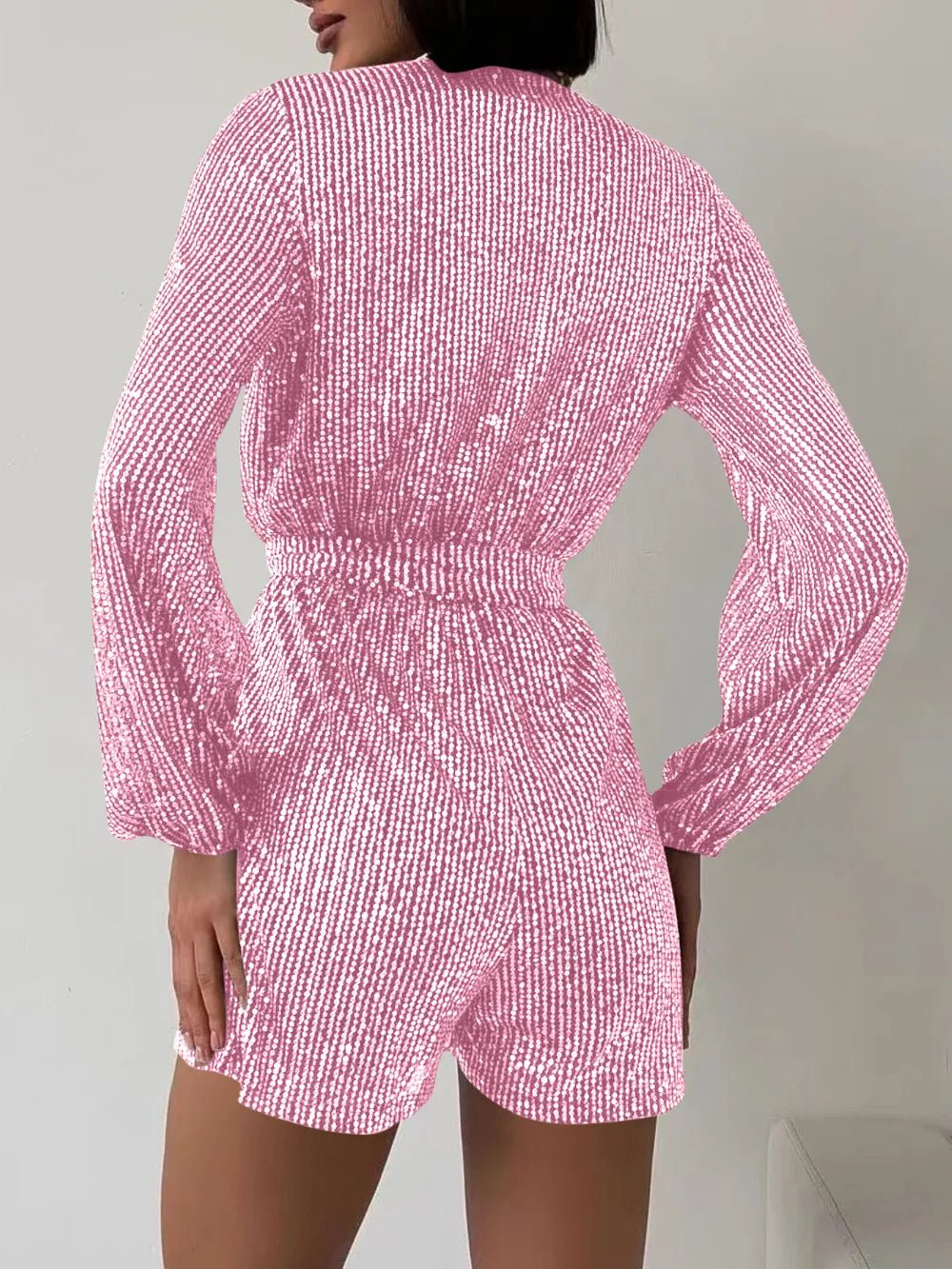 Full Size Sequin Surplice Tie Waist Long Sleeve Romper - Flip Flop Dynasty