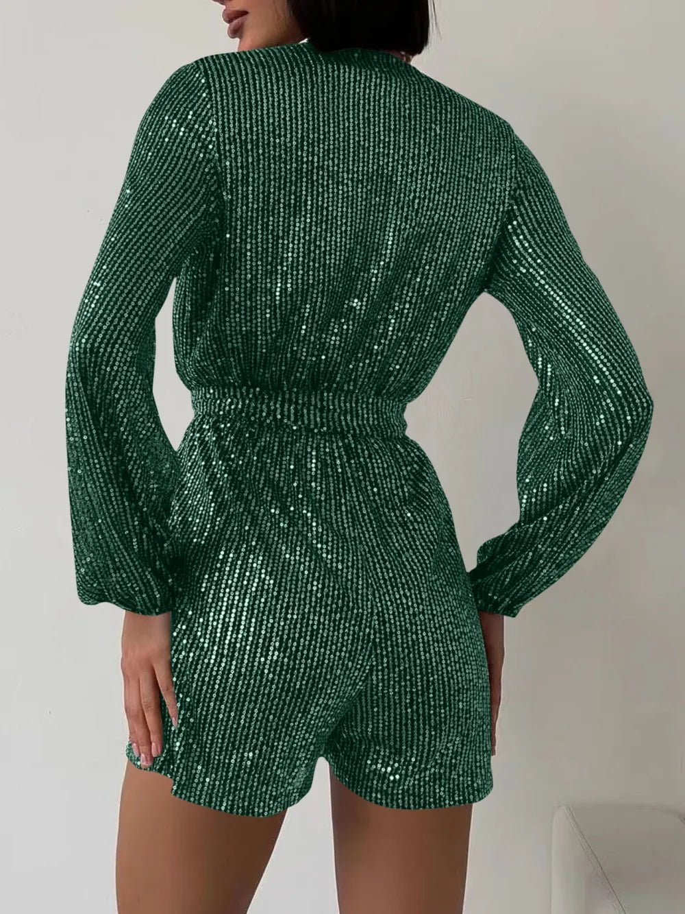 Full Size Sequin Surplice Tie Waist Long Sleeve Romper - Flip Flop Dynasty