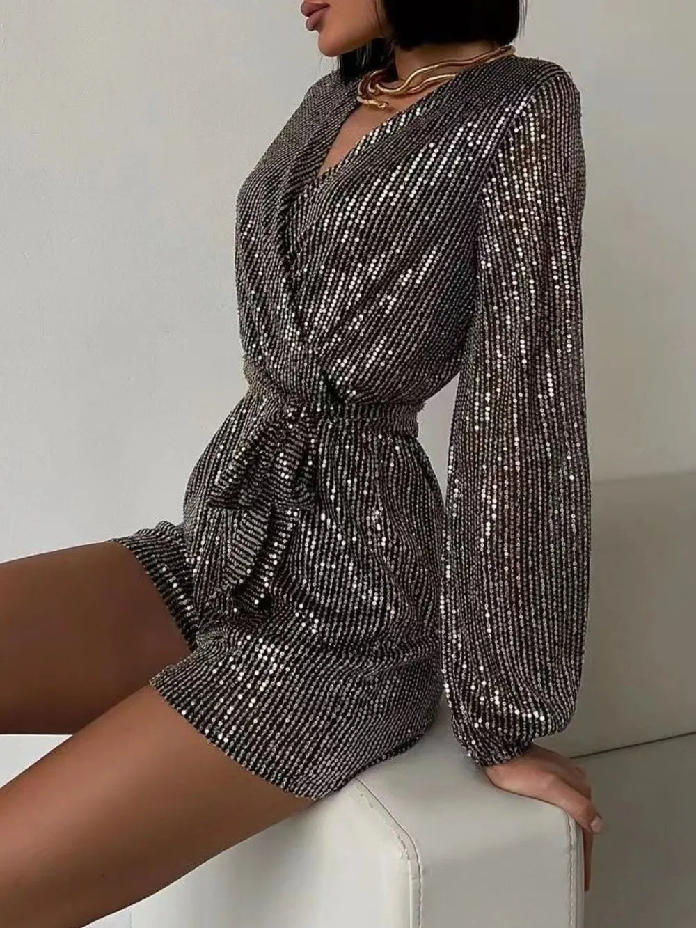 Full Size Sequin Surplice Tie Waist Long Sleeve Romper - Flip Flop Dynasty