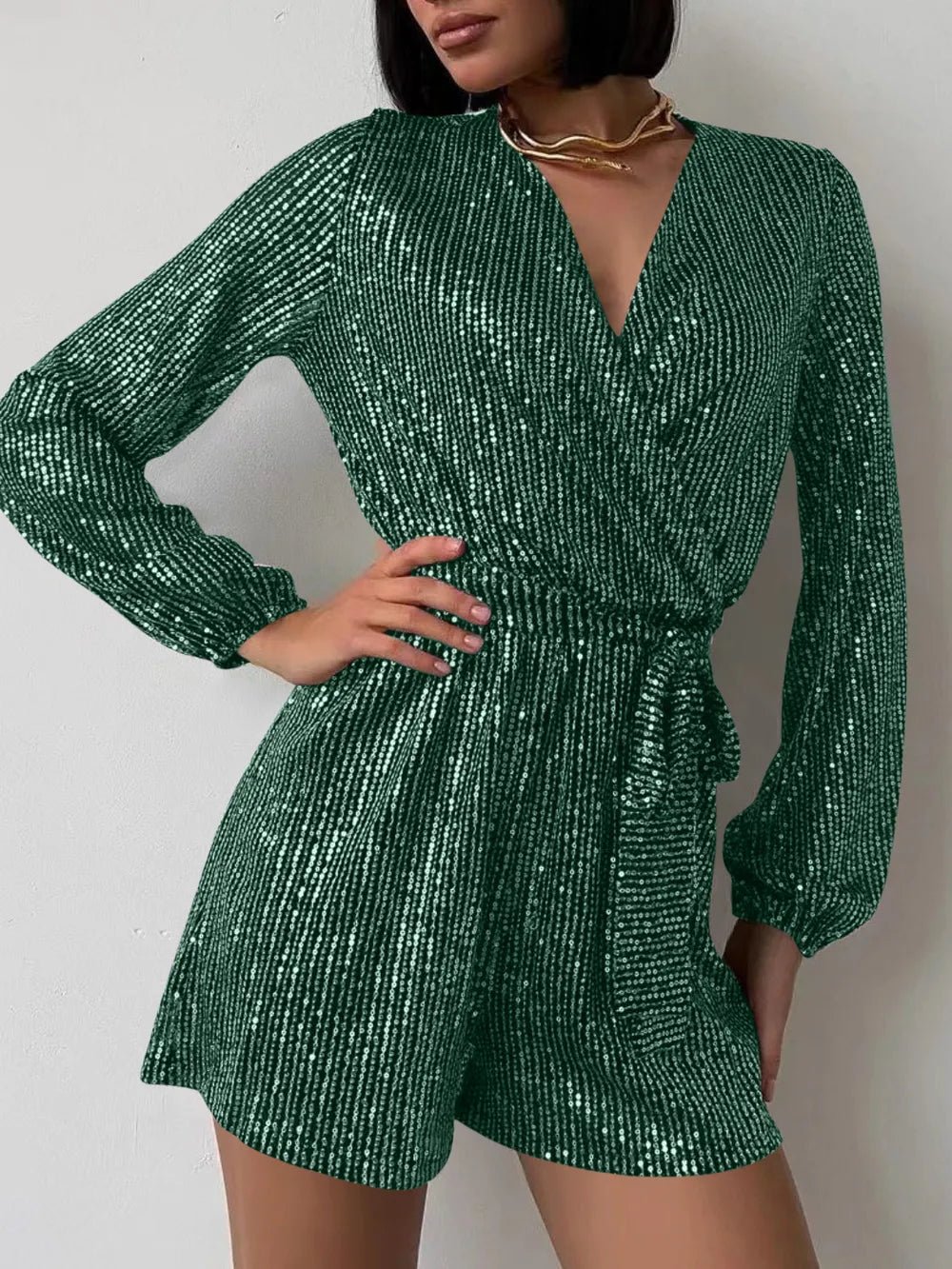 Full Size Sequin Surplice Tie Waist Long Sleeve Romper - Flip Flop Dynasty