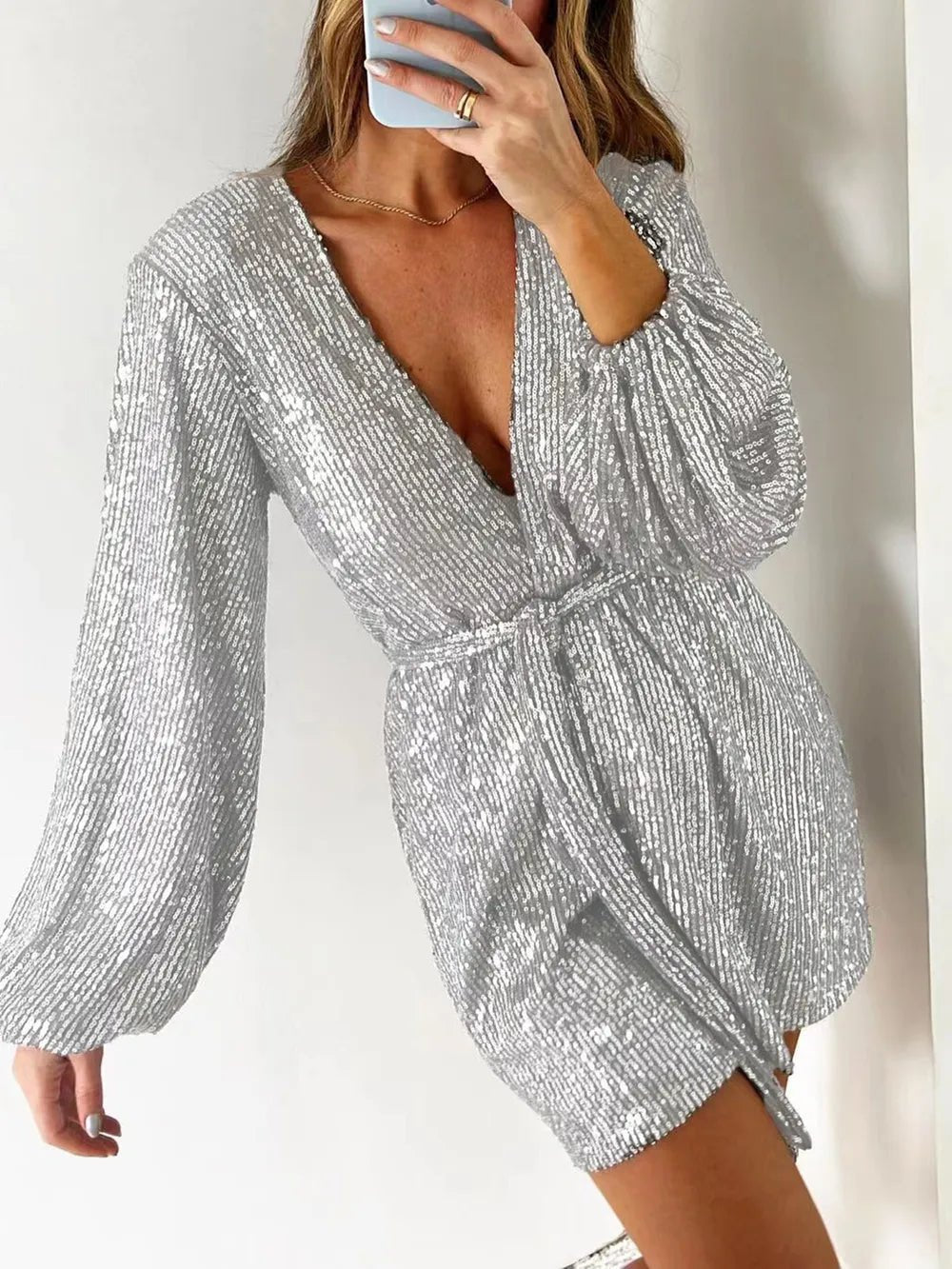 Full Size Sequin Surplice Tie Waist Long Sleeve Romper - Flip Flop Dynasty