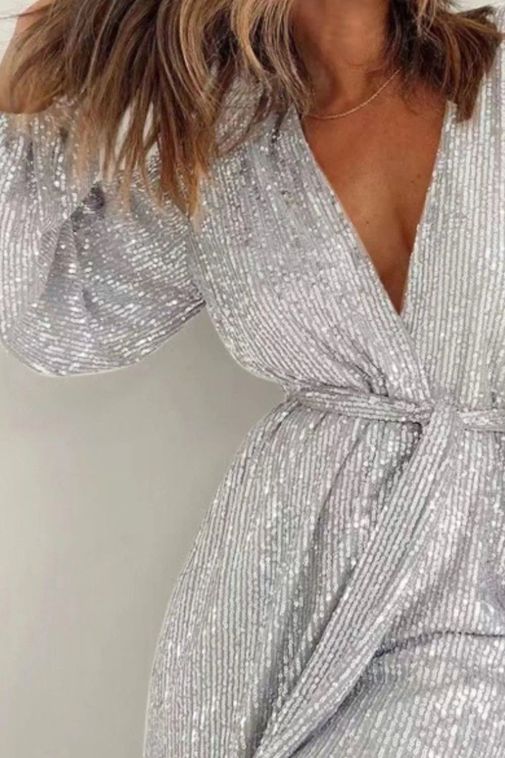 Full Size Sequin Surplice Tie Waist Long Sleeve Romper - Flip Flop Dynasty