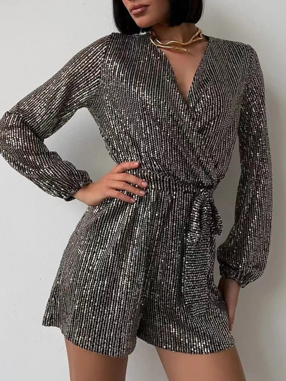 Full Size Sequin Surplice Tie Waist Long Sleeve Romper - Flip Flop Dynasty