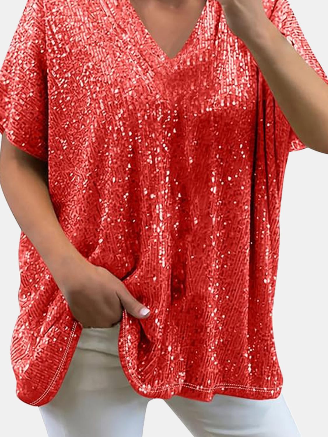 Full Size Sequin V - Neck Short Sleeve Top - Flip Flop Dynasty