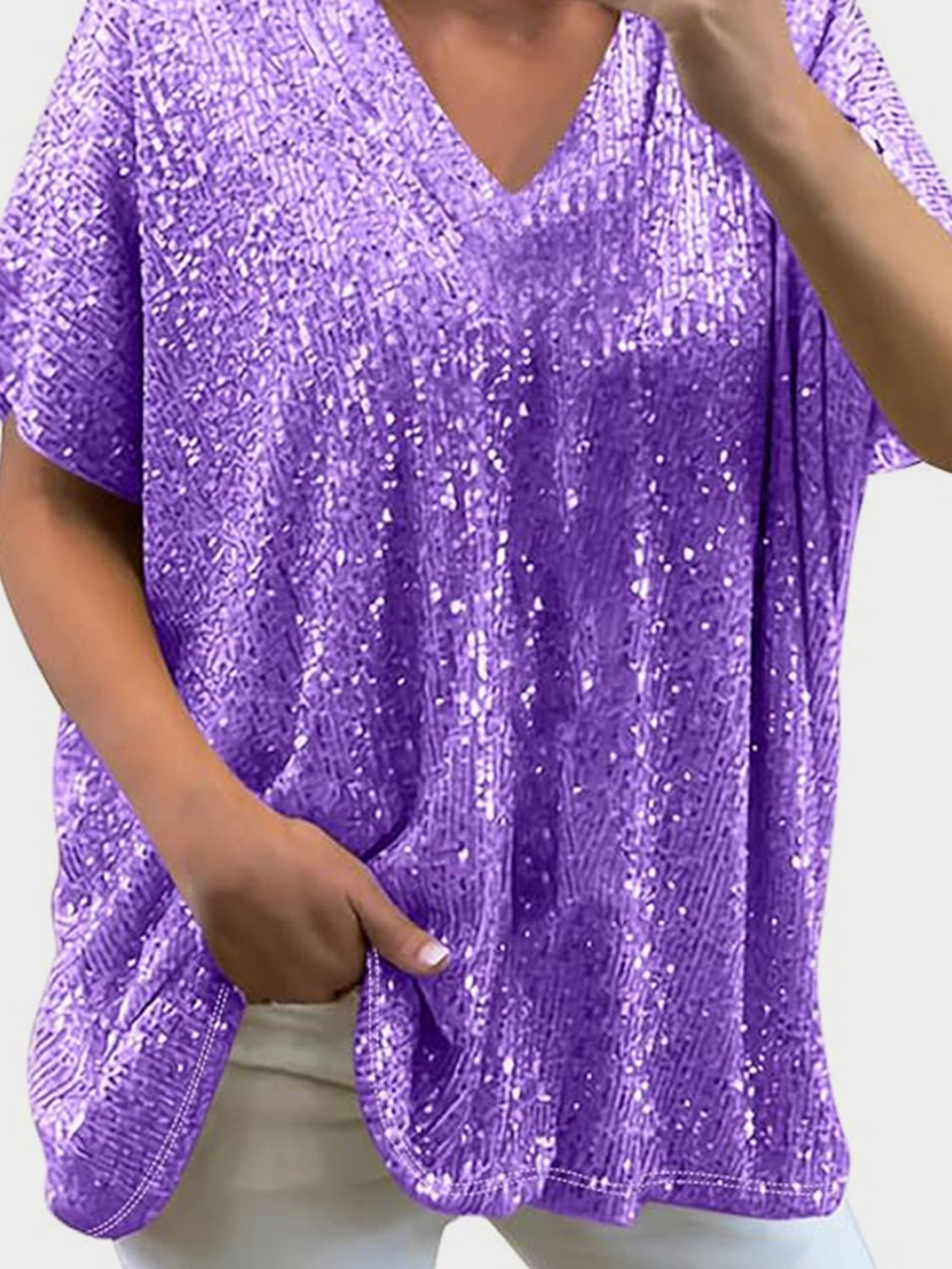 Full Size Sequin V - Neck Short Sleeve Top - Flip Flop Dynasty