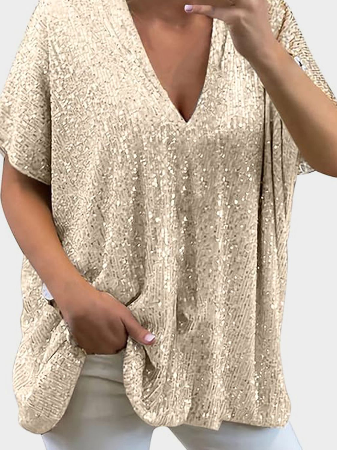 Full Size Sequin V - Neck Short Sleeve Top - Flip Flop Dynasty