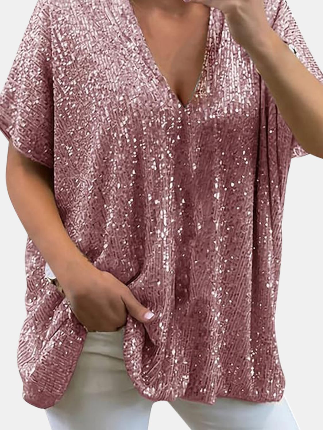 Full Size Sequin V - Neck Short Sleeve Top - Flip Flop Dynasty
