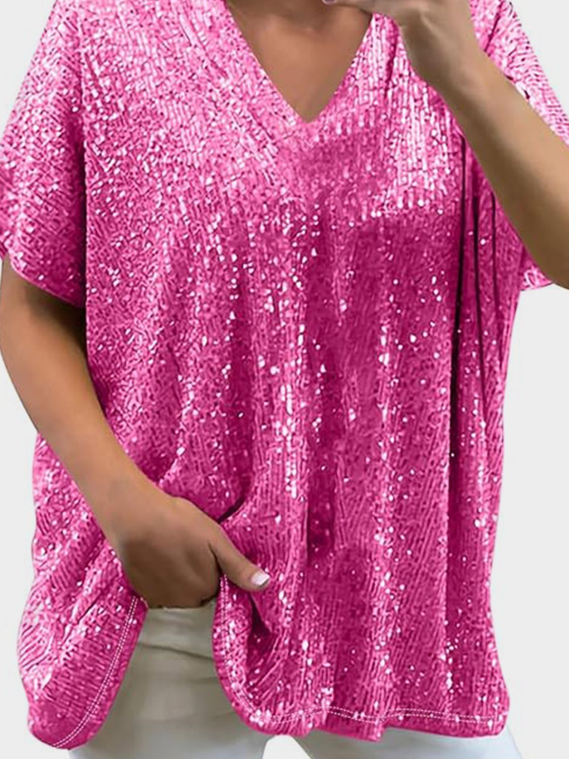 Full Size Sequin V - Neck Short Sleeve Top - Flip Flop Dynasty