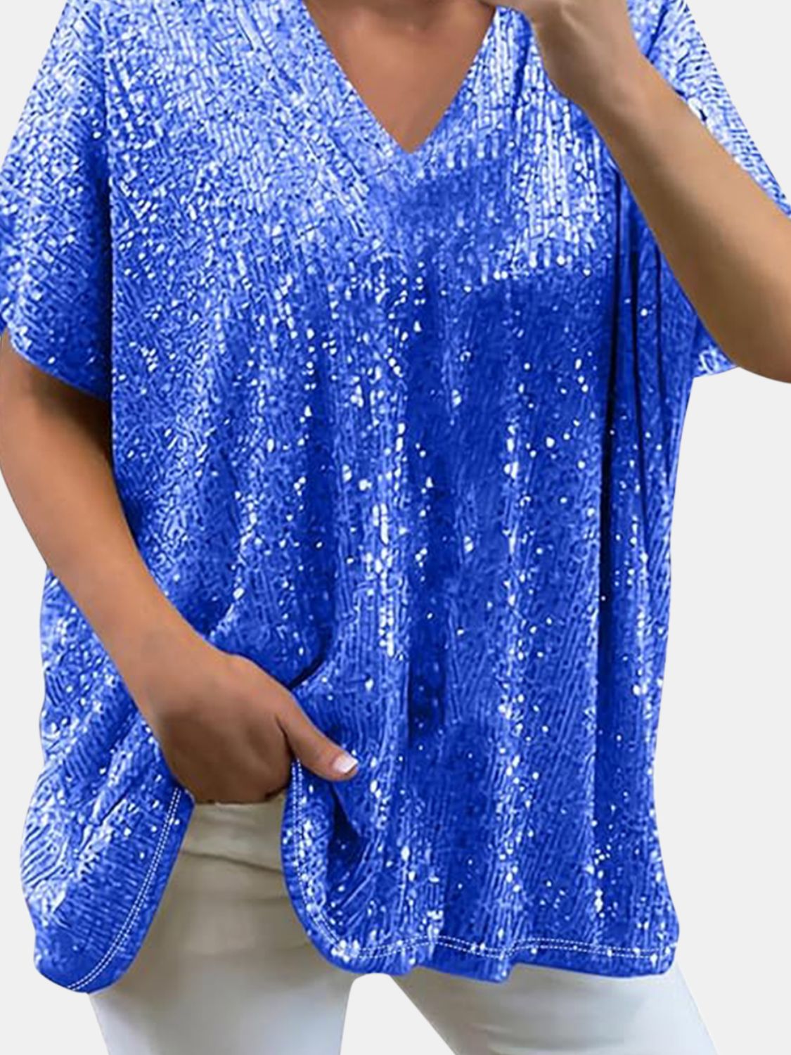 Full Size Sequin V - Neck Short Sleeve Top - Flip Flop Dynasty